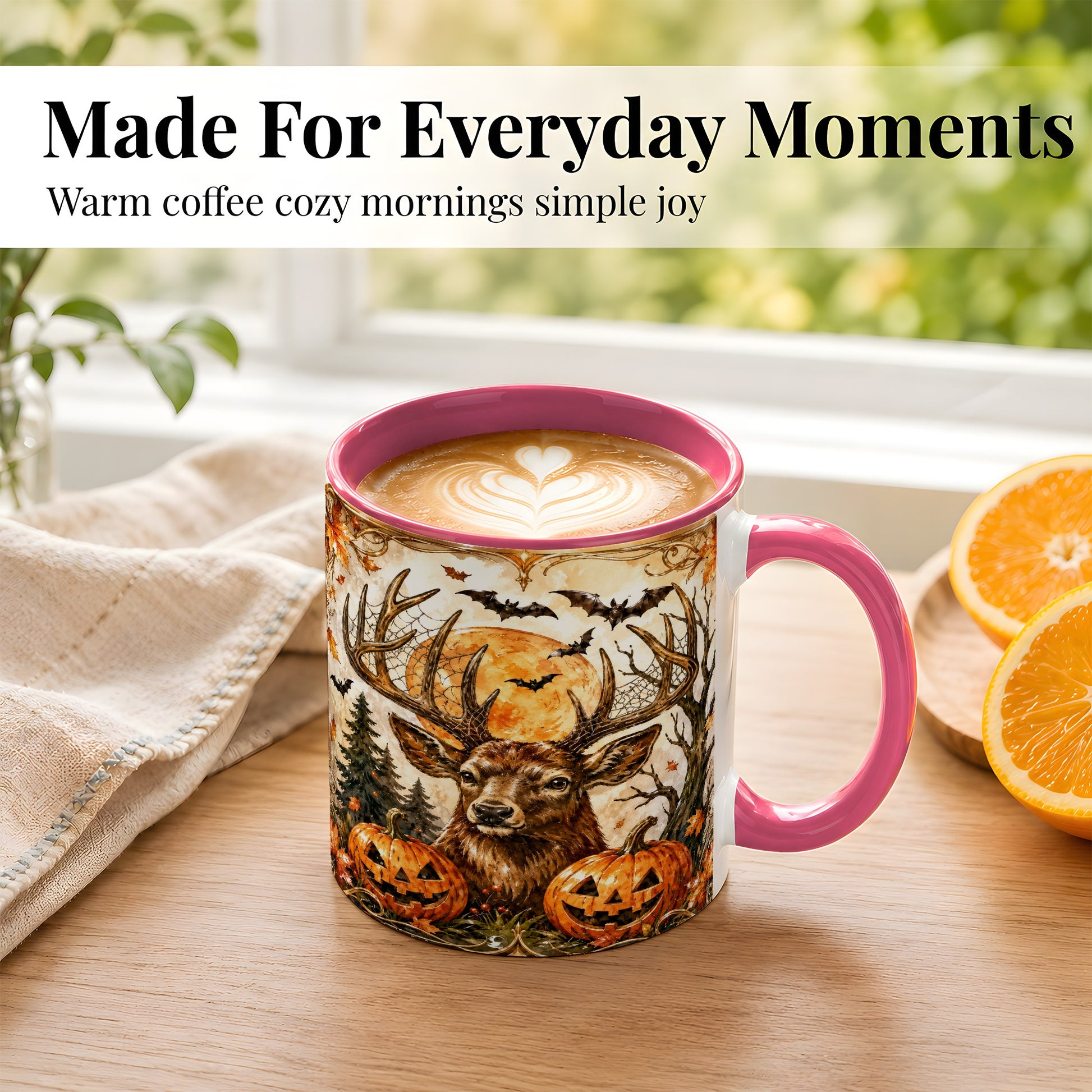 #pl[11oz|Pink] Halloween Deer Coffee Mug, Autumn Stag Mug, Ceramic Cup