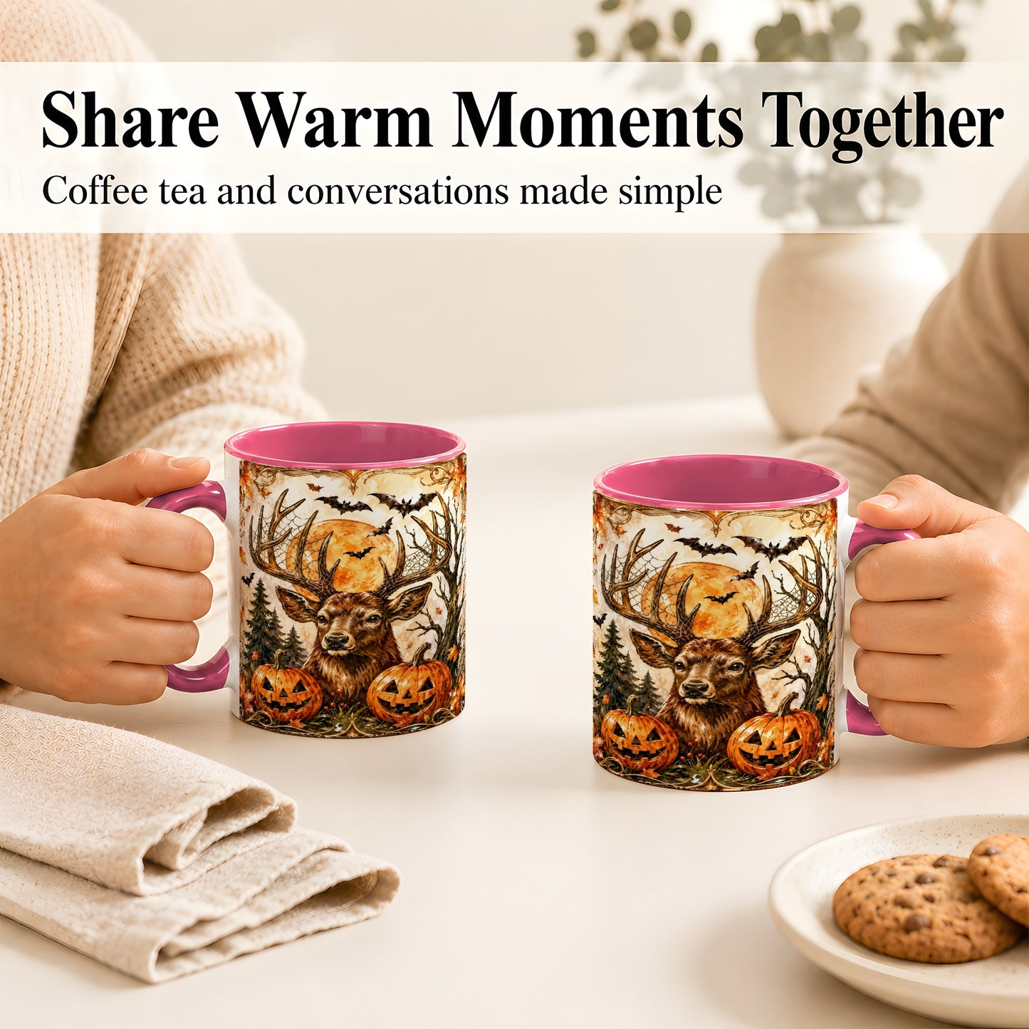 #pl[11oz|Pink] Halloween Deer Coffee Mug, Autumn Stag Mug, Ceramic Cup