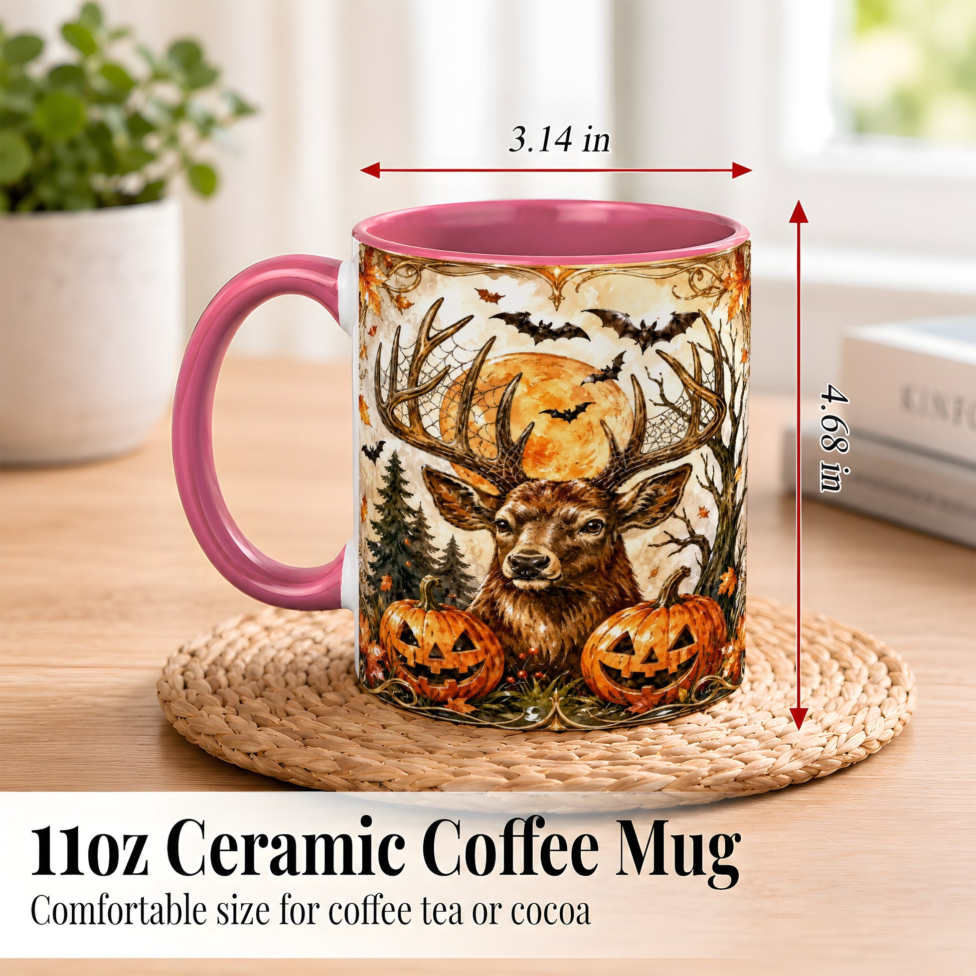 #pl[11oz|Pink] Halloween Deer Coffee Mug, Autumn Stag Mug, Ceramic Cup