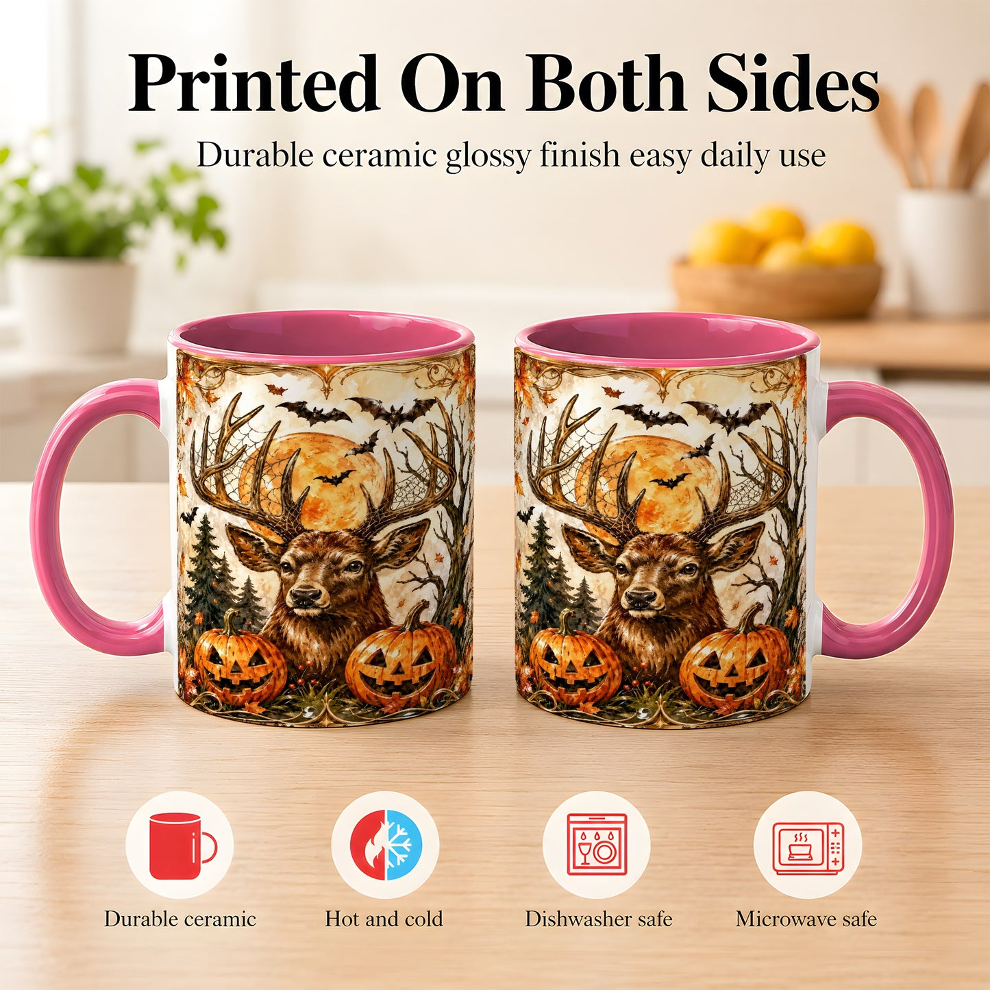 #pl[11oz|Pink] Halloween Deer Coffee Mug, Autumn Stag Mug, Ceramic Cup