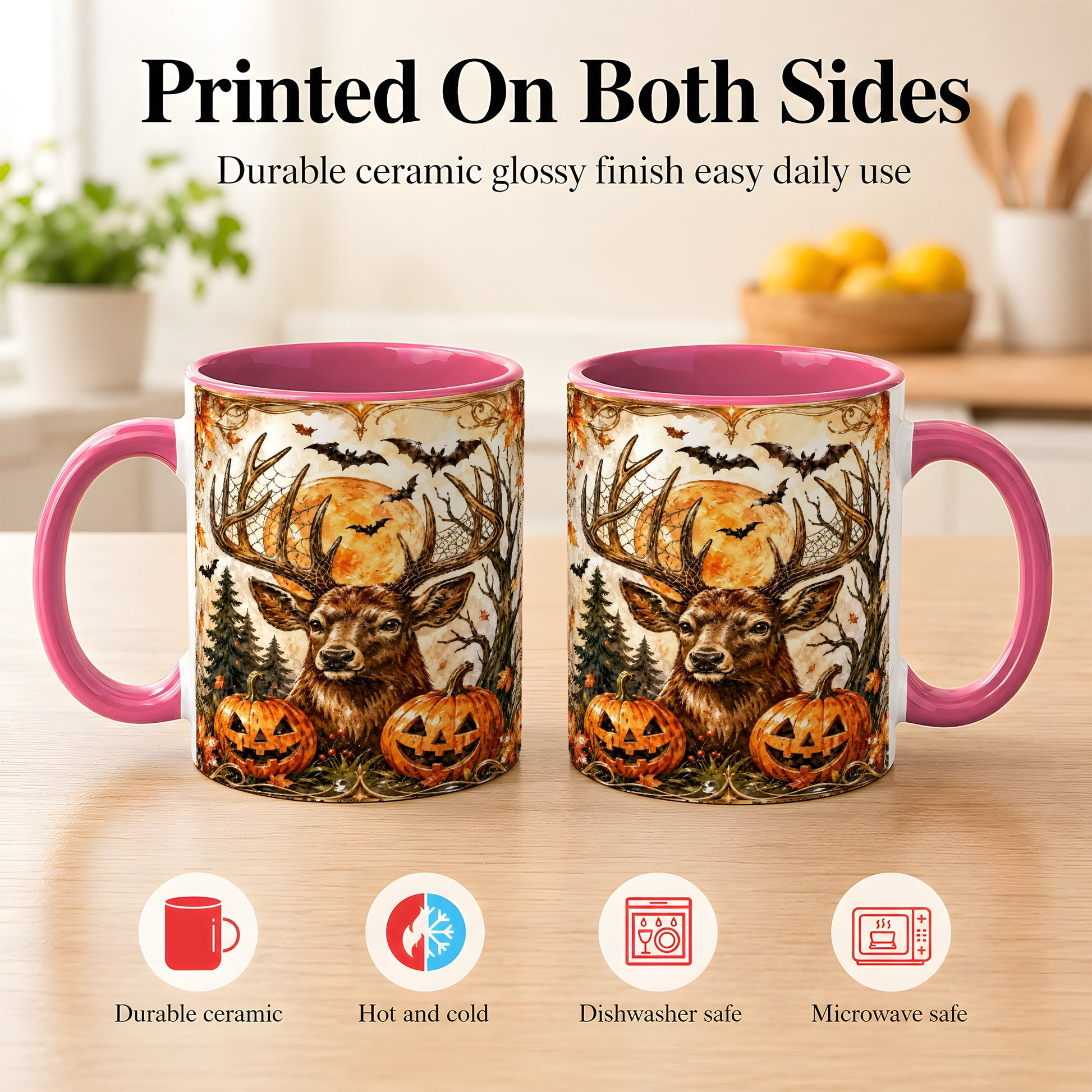 #pl[11oz|Pink] Halloween Deer Coffee Mug, Autumn Stag Mug, Ceramic Cup
