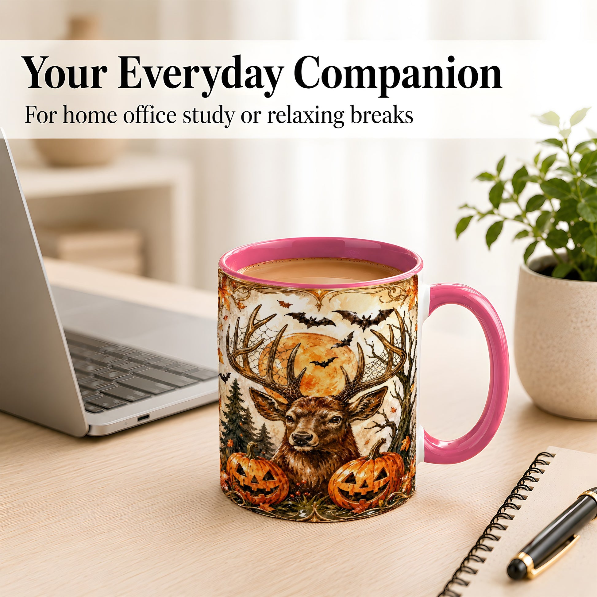 #pl[11oz|Pink] Halloween Deer Coffee Mug, Autumn Stag Mug, Ceramic Cup