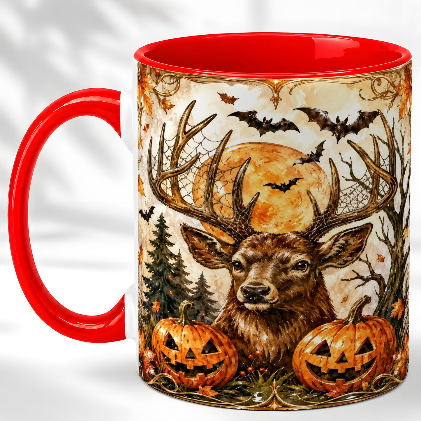 #pl[11oz|Red] Halloween Deer Coffee Mug, Autumn Stag Mug, Ceramic Cup