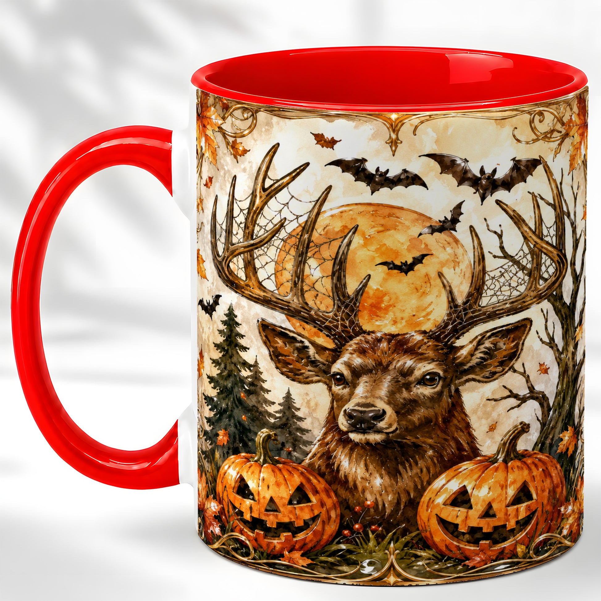 #pl[11oz|Red] Halloween Deer Coffee Mug, Autumn Stag Mug, Ceramic Cup