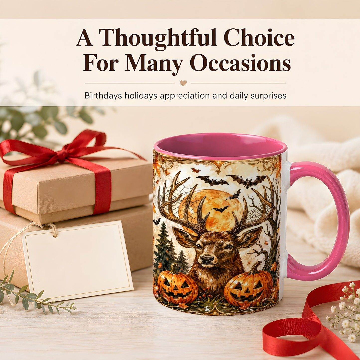 #pl[11oz|Pink] Halloween Deer Coffee Mug, Autumn Stag Mug, Ceramic Cup