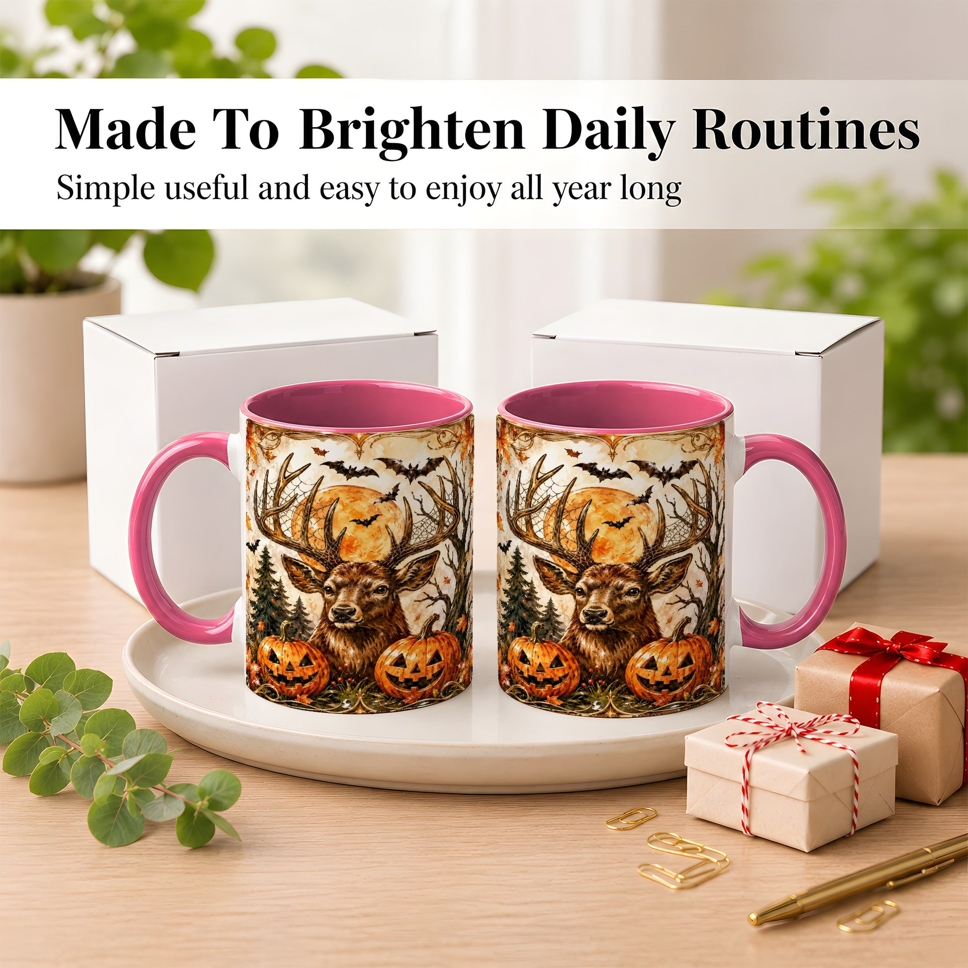 #pl[11oz|Pink] Halloween Deer Coffee Mug, Autumn Stag Mug, Ceramic Cup