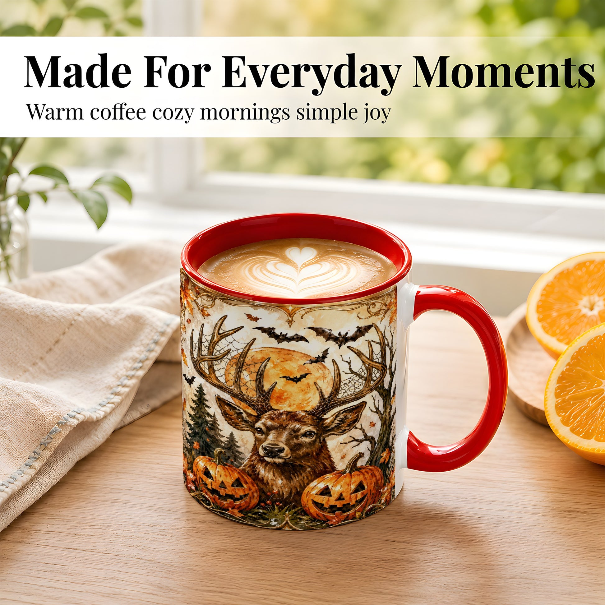 #pl[11oz|Red] Halloween Deer Coffee Mug, Autumn Stag Mug, Ceramic Cup