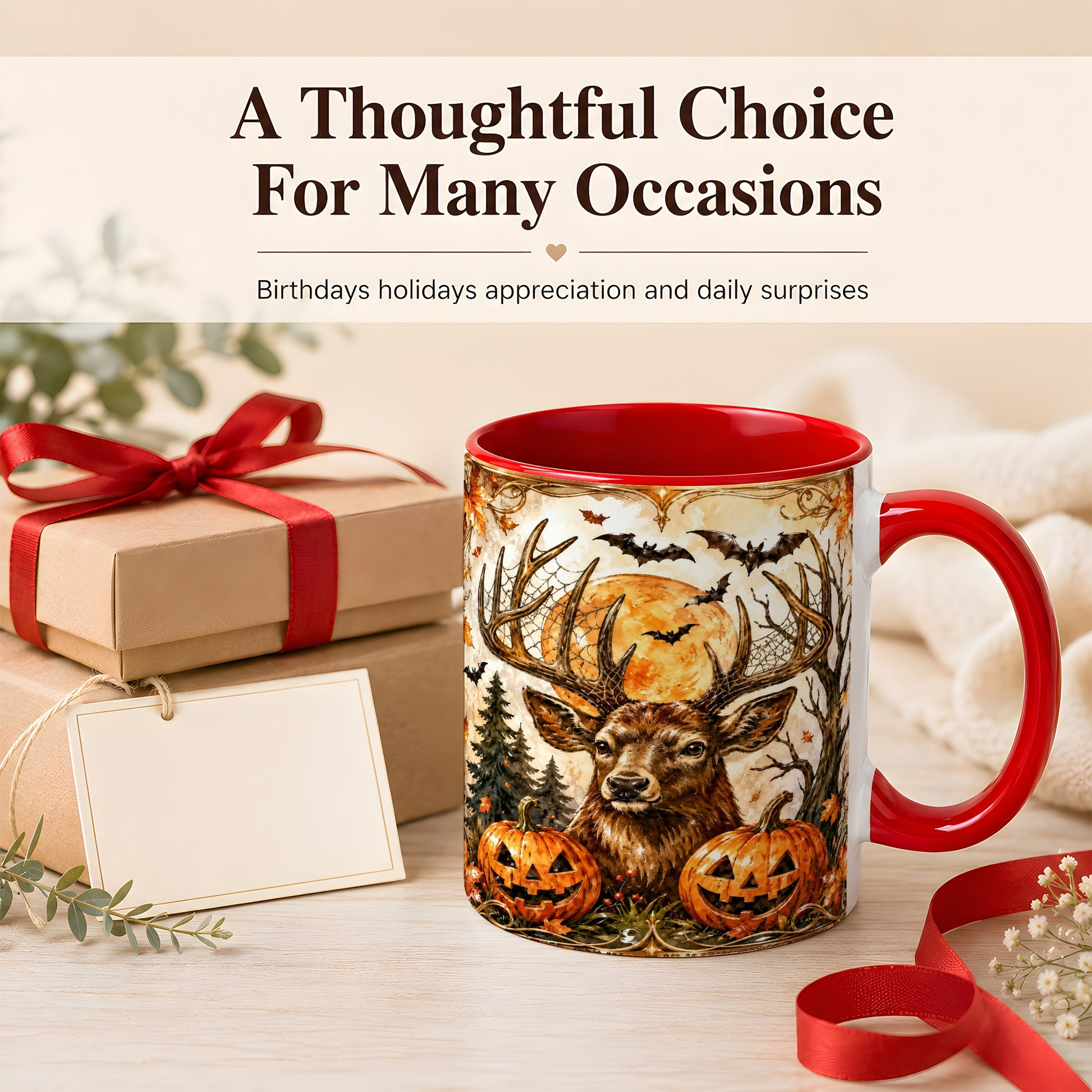#pl[11oz|Red] Halloween Deer Coffee Mug, Autumn Stag Mug, Ceramic Cup
