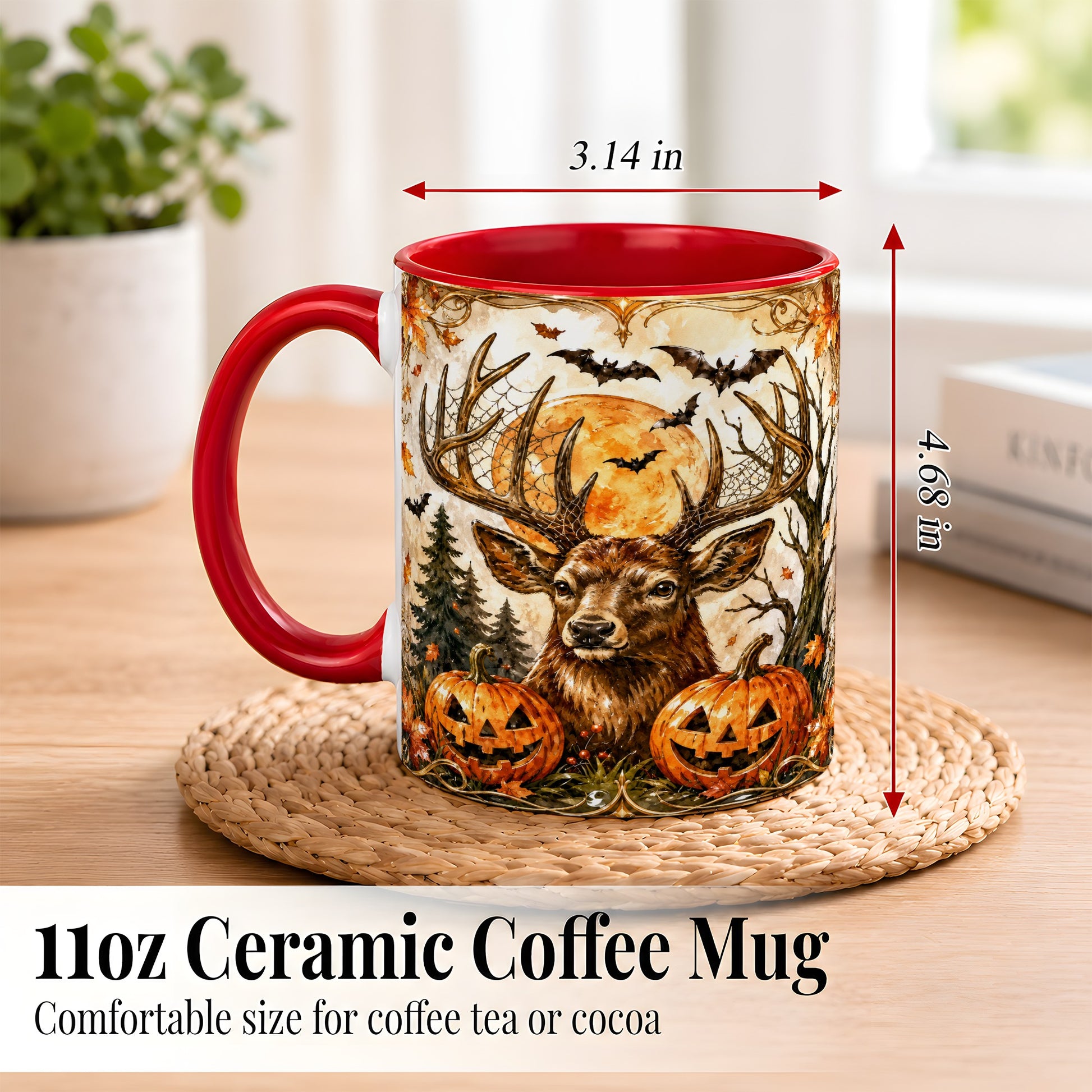 #pl[11oz|Red] Halloween Deer Coffee Mug, Autumn Stag Mug, Ceramic Cup