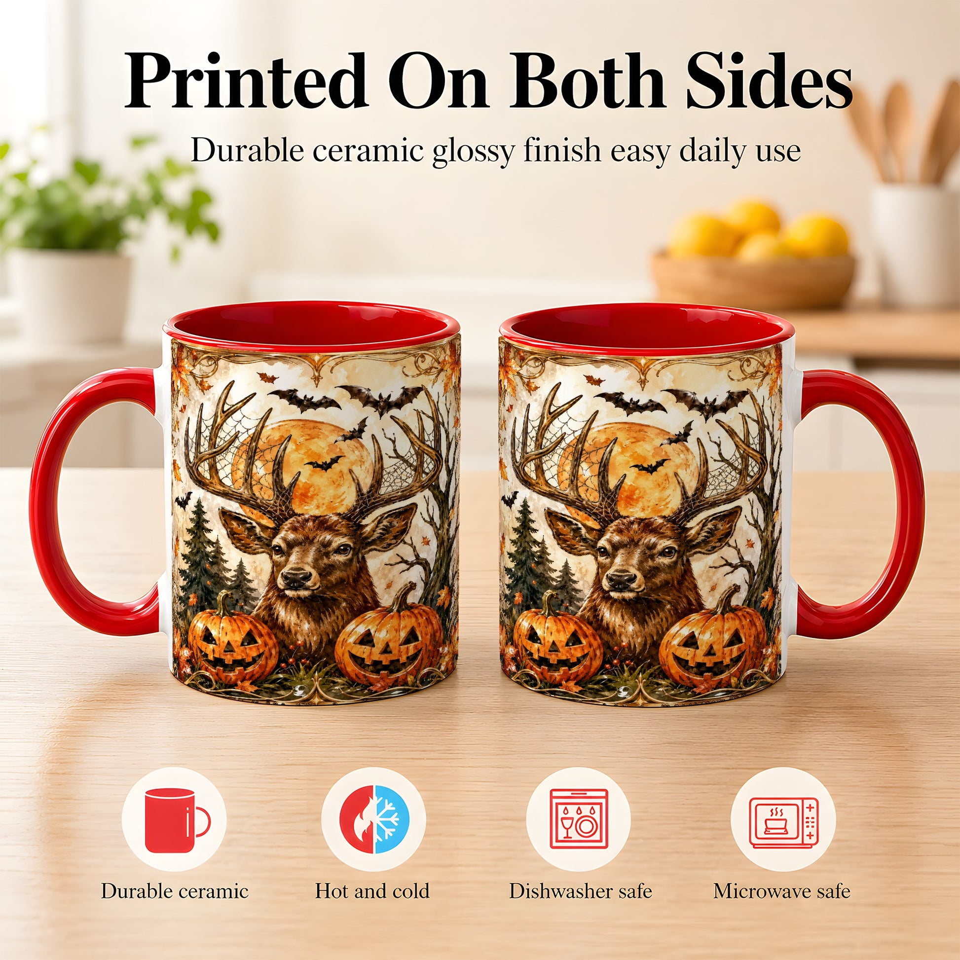 #pl[11oz|Red] Halloween Deer Coffee Mug, Autumn Stag Mug, Ceramic Cup
