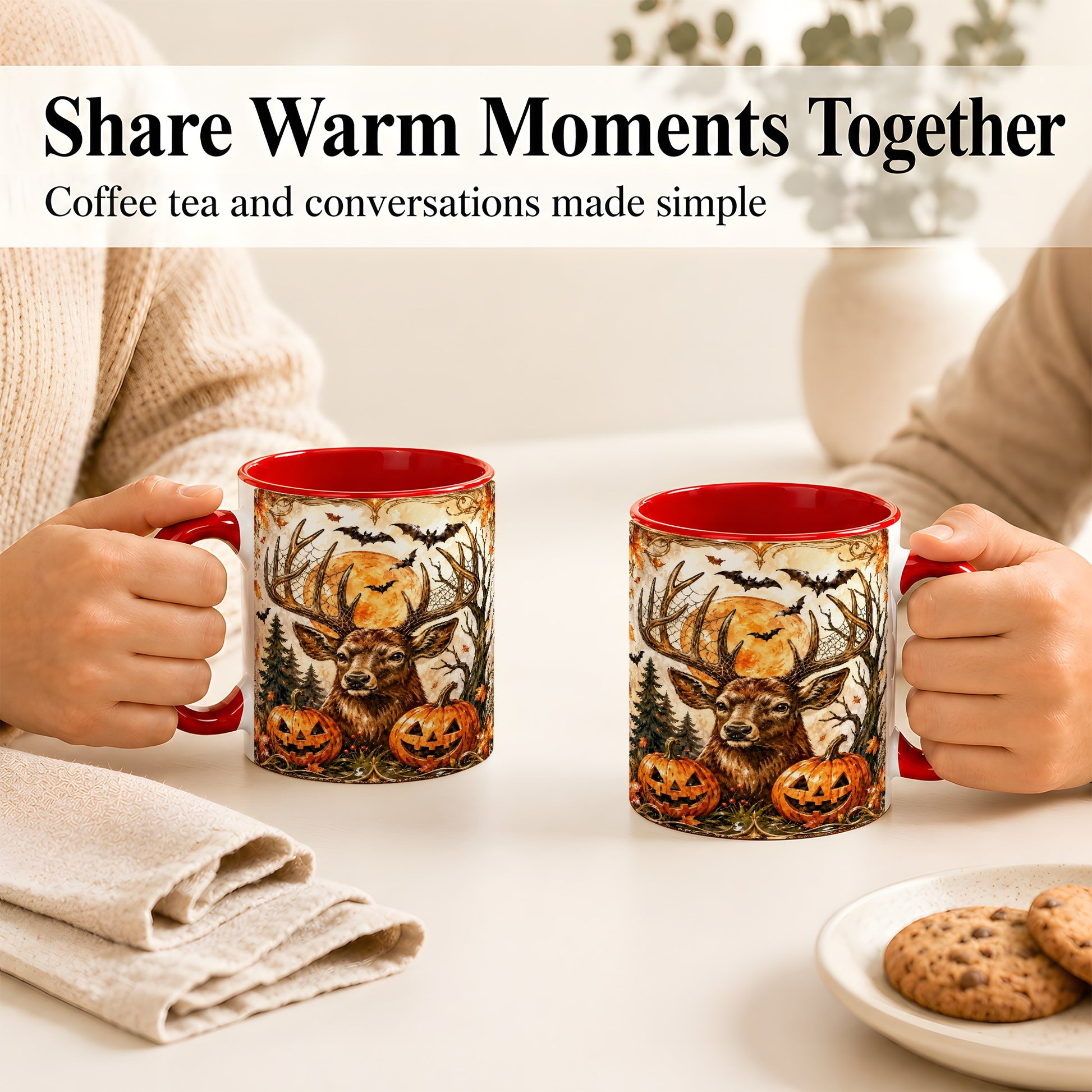 #pl[11oz|Red] Halloween Deer Coffee Mug, Autumn Stag Mug, Ceramic Cup