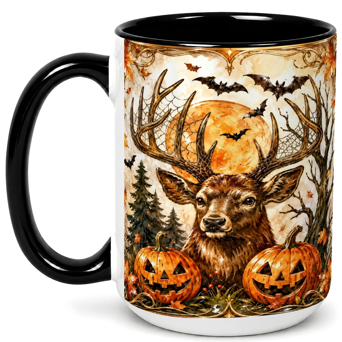 #pl[15oz|Black] Halloween Deer Coffee Mug, Autumn Stag Mug, Ceramic Cup