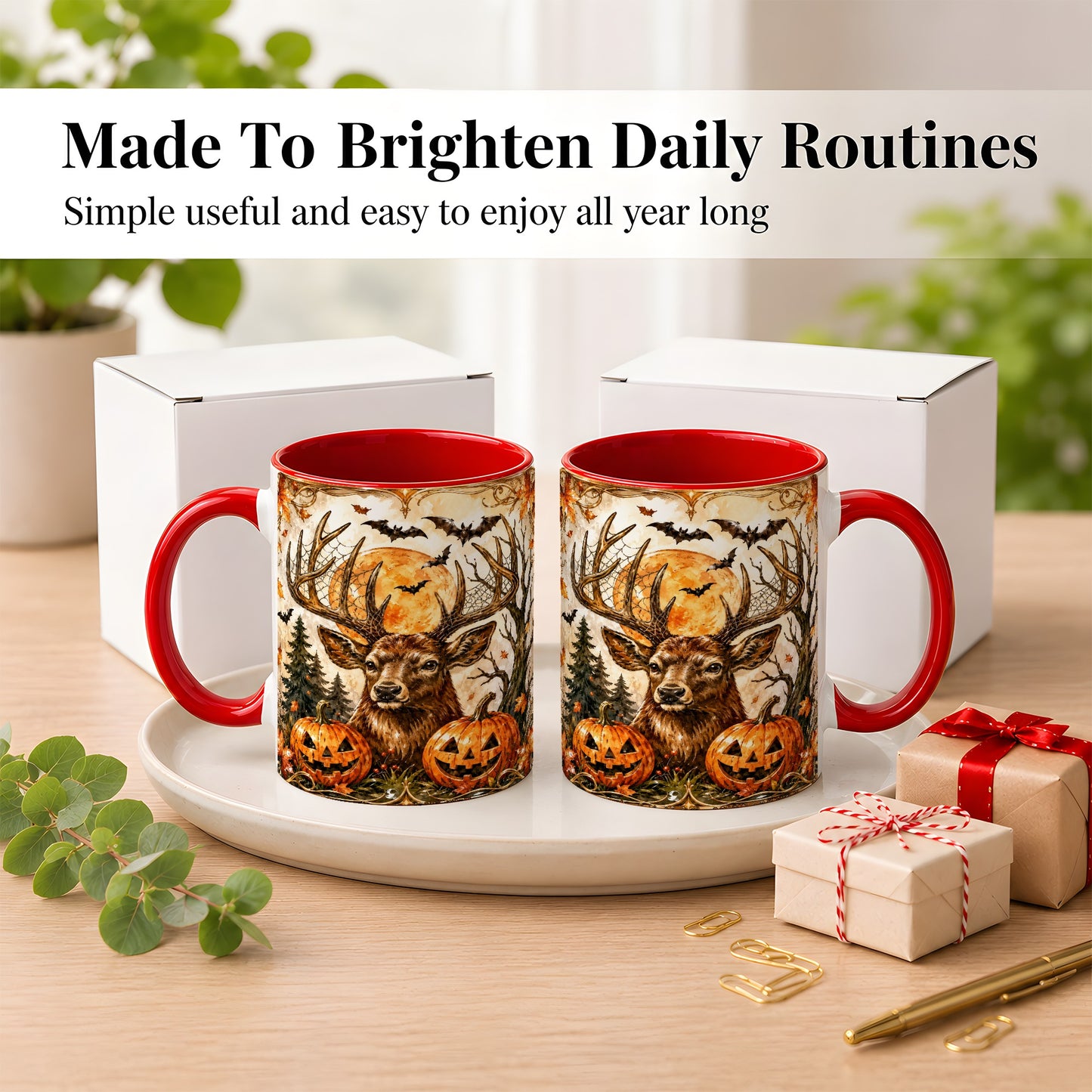 #pl[11oz|Red] Halloween Deer Coffee Mug, Autumn Stag Mug, Ceramic Cup