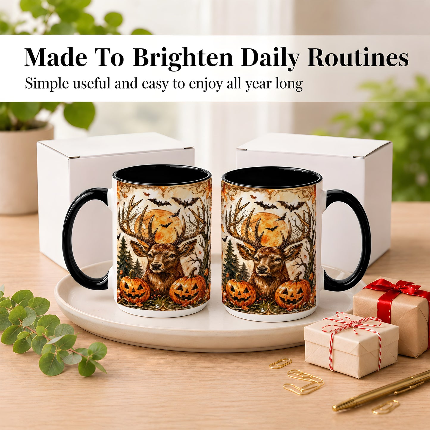 #pl[15oz|Black] Halloween Deer Coffee Mug, Autumn Stag Mug, Ceramic Cup