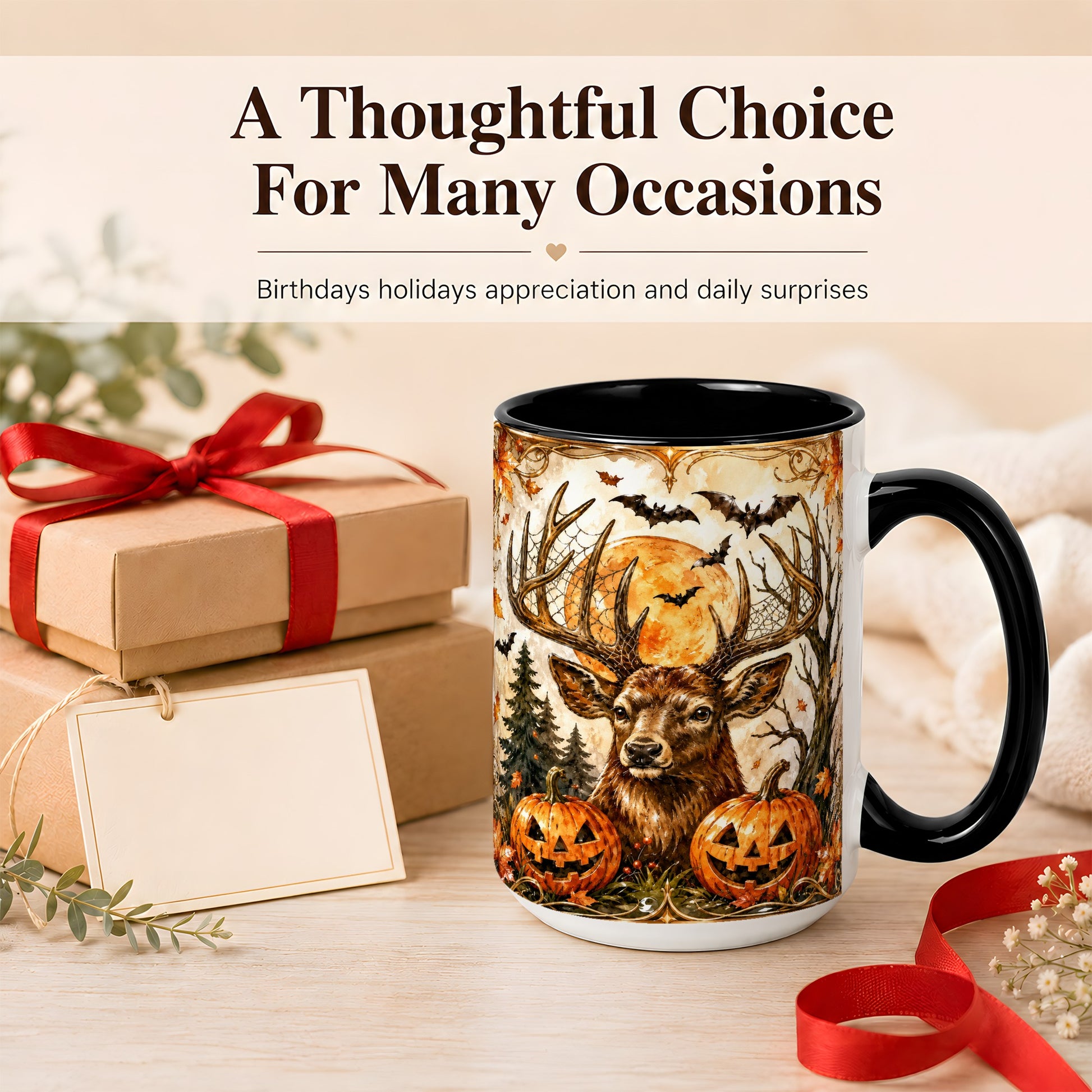 #pl[15oz|Black] Halloween Deer Coffee Mug, Autumn Stag Mug, Ceramic Cup