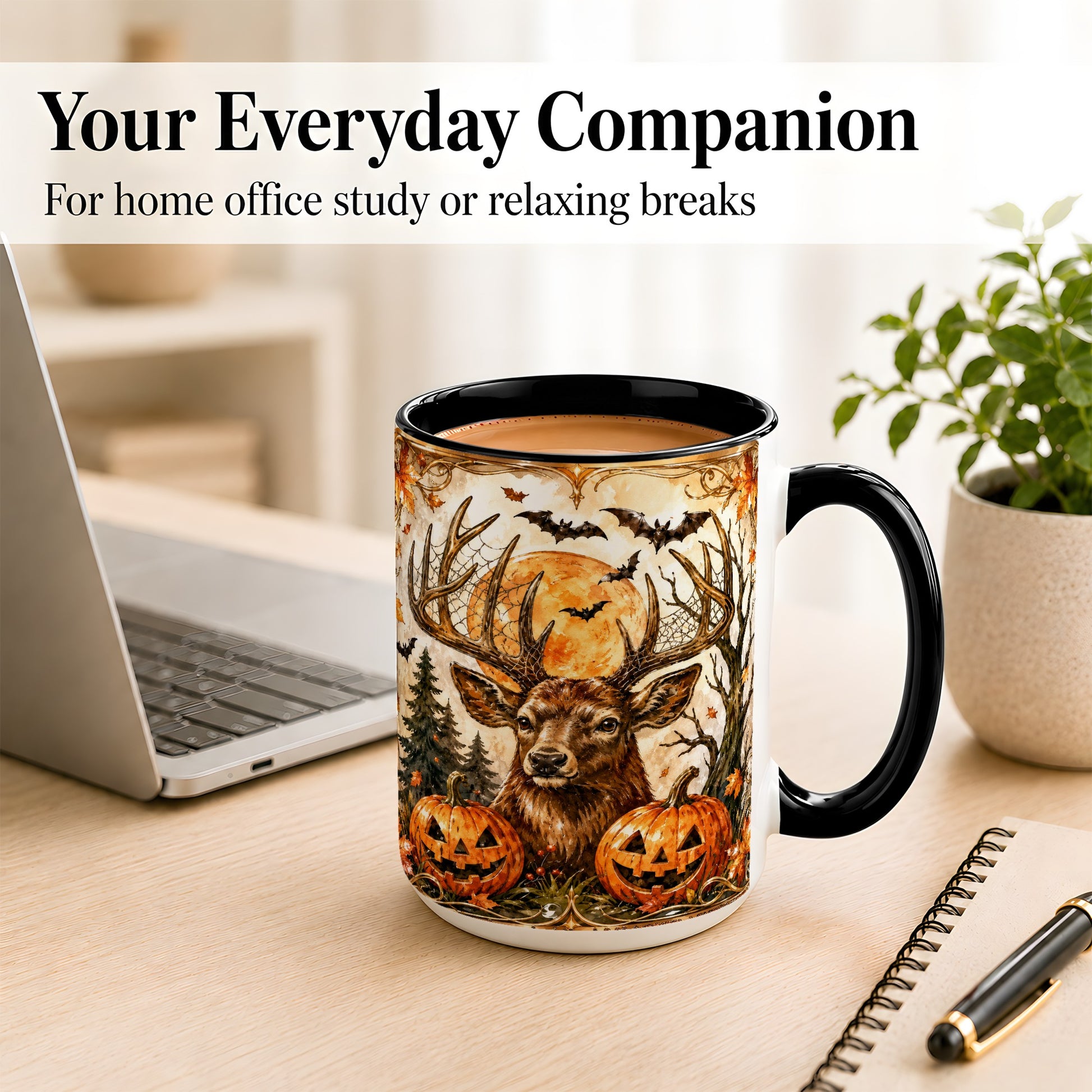 #pl[15oz|Black] Halloween Deer Coffee Mug, Autumn Stag Mug, Ceramic Cup