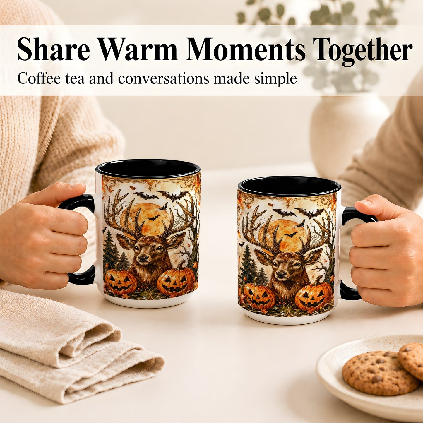 #pl[15oz|Black] Halloween Deer Coffee Mug, Autumn Stag Mug, Ceramic Cup