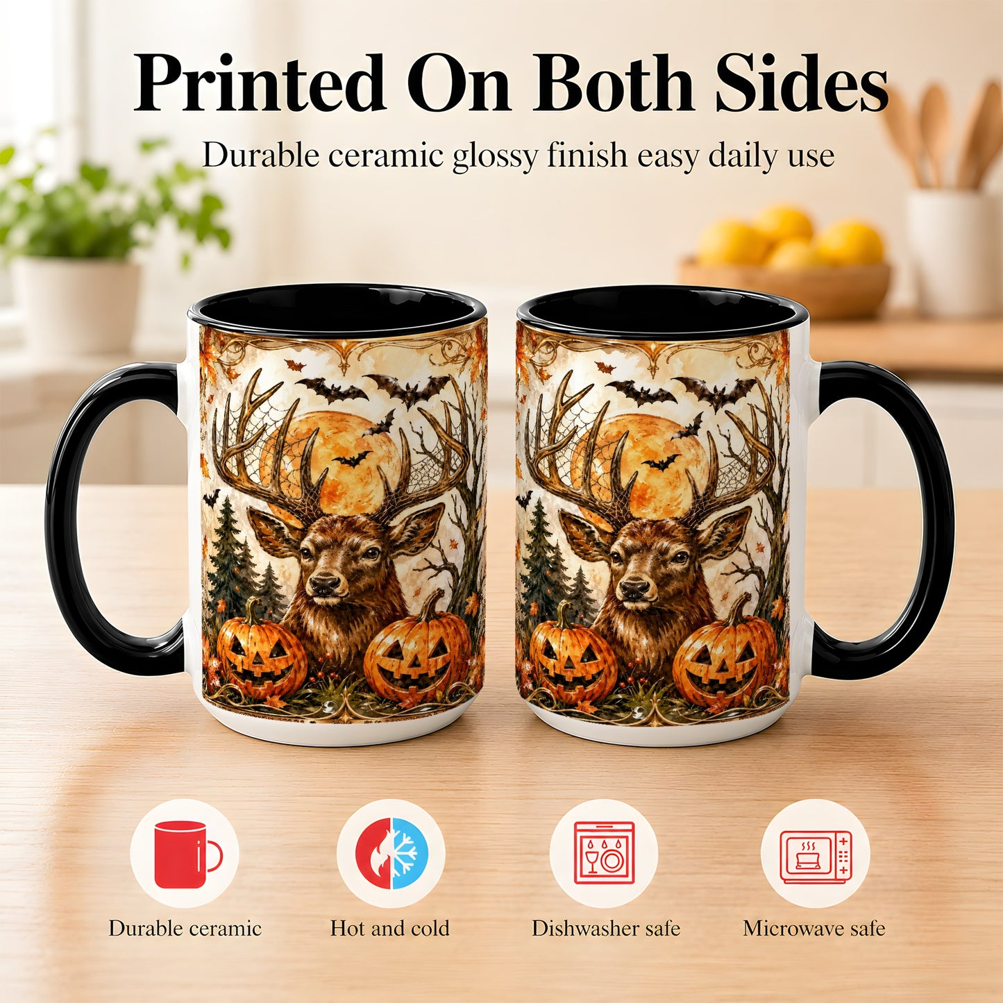 #pl[15oz|Black] Halloween Deer Coffee Mug, Autumn Stag Mug, Ceramic Cup