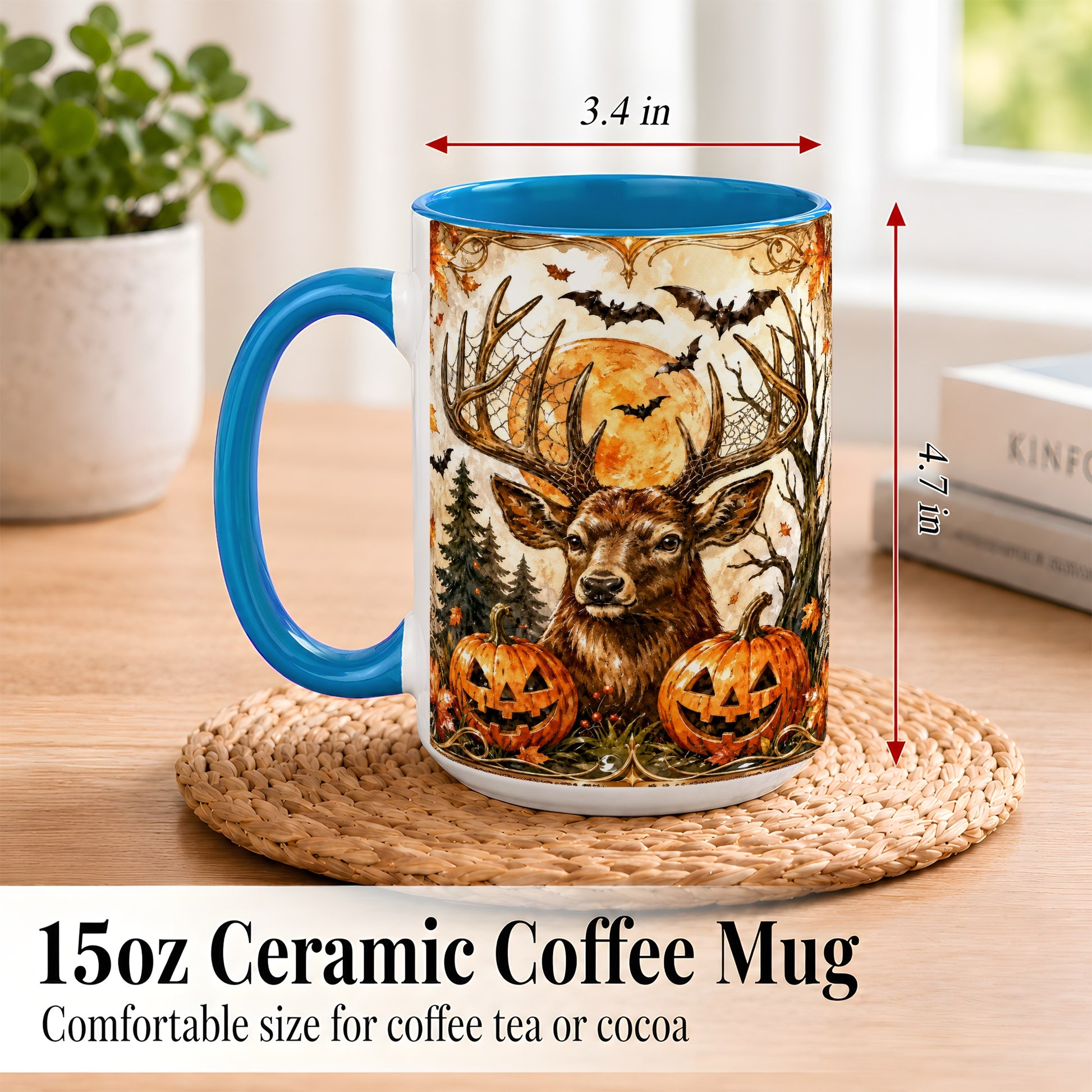 #pl[15oz|Blue] Halloween Deer Coffee Mug, Autumn Stag Mug, Ceramic Cup