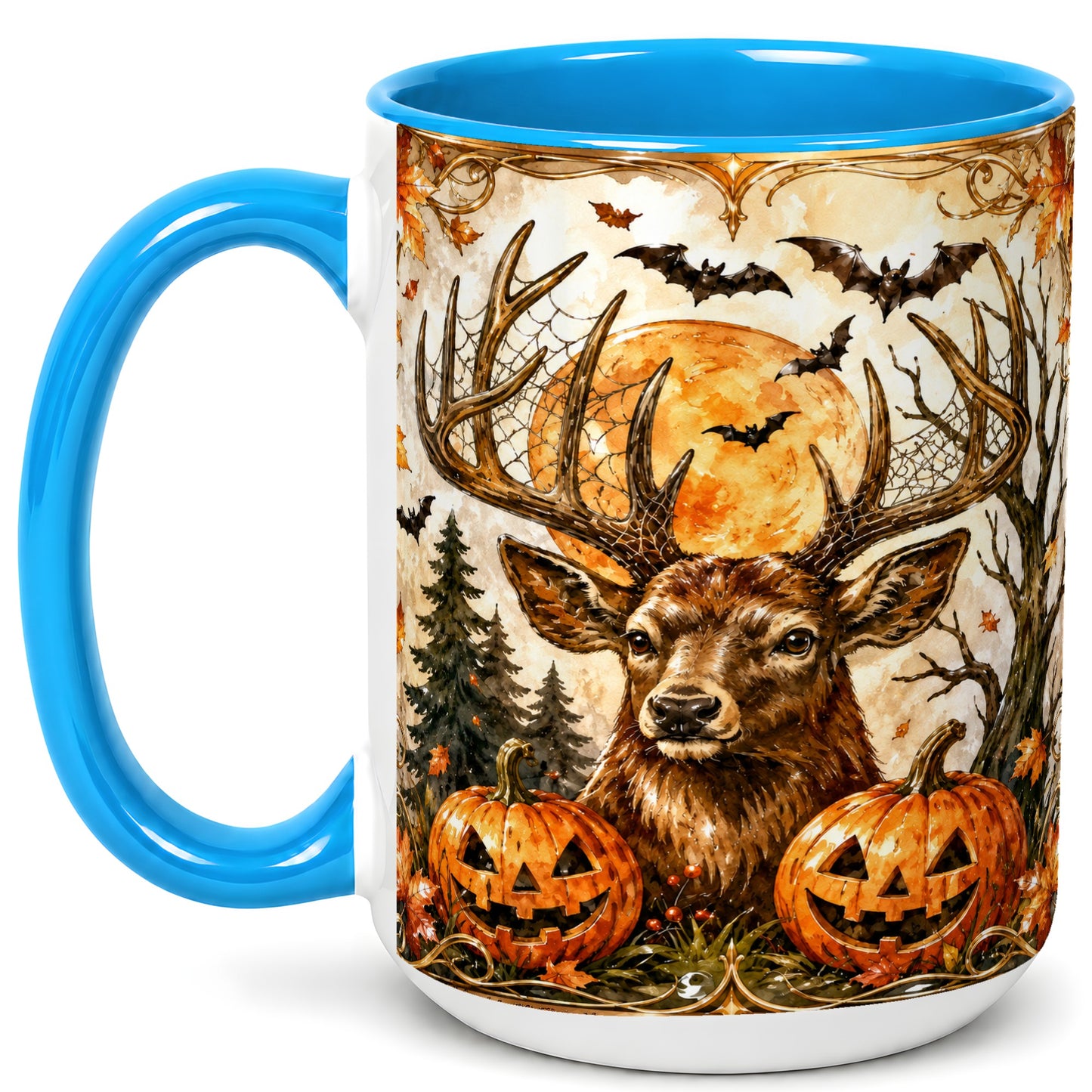 #pl[15oz|Blue] Halloween Deer Coffee Mug, Autumn Stag Mug, Ceramic Cup