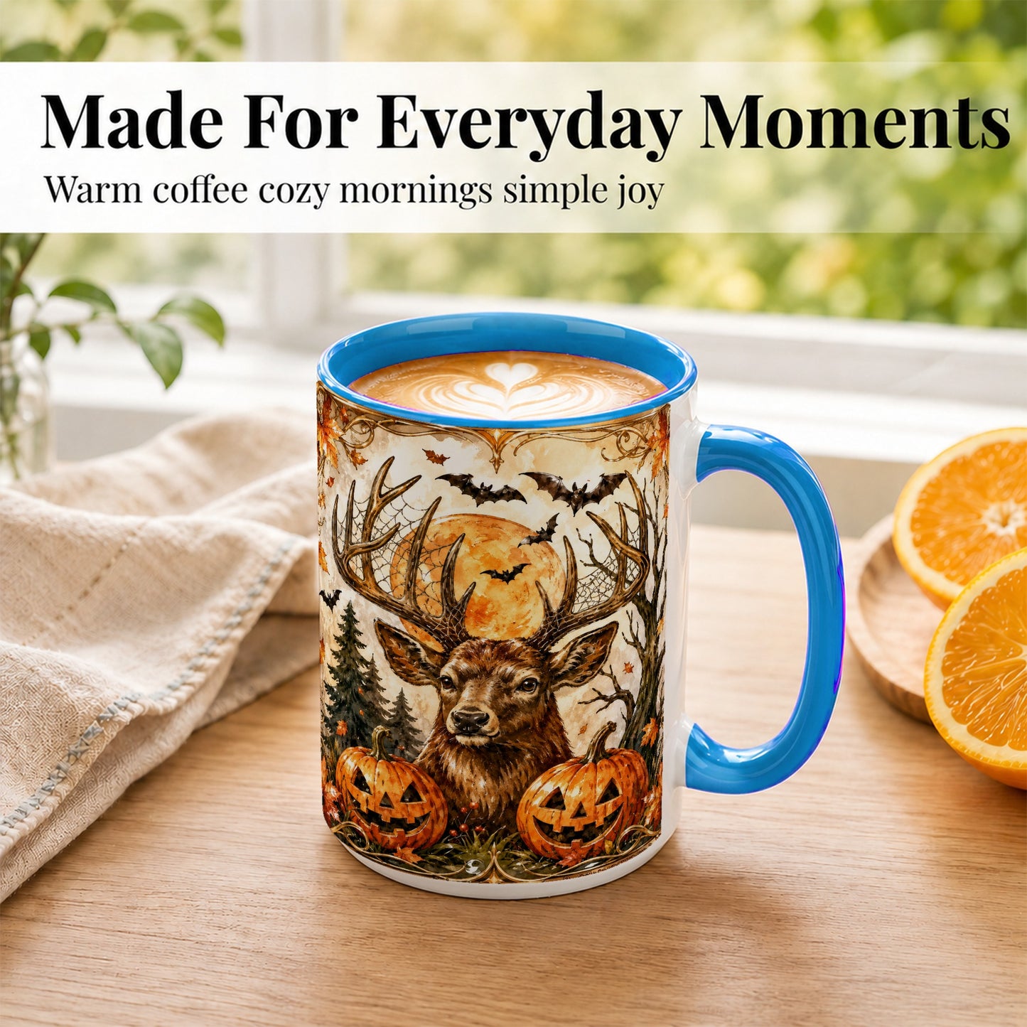 #pl[15oz|Blue] Halloween Deer Coffee Mug, Autumn Stag Mug, Ceramic Cup