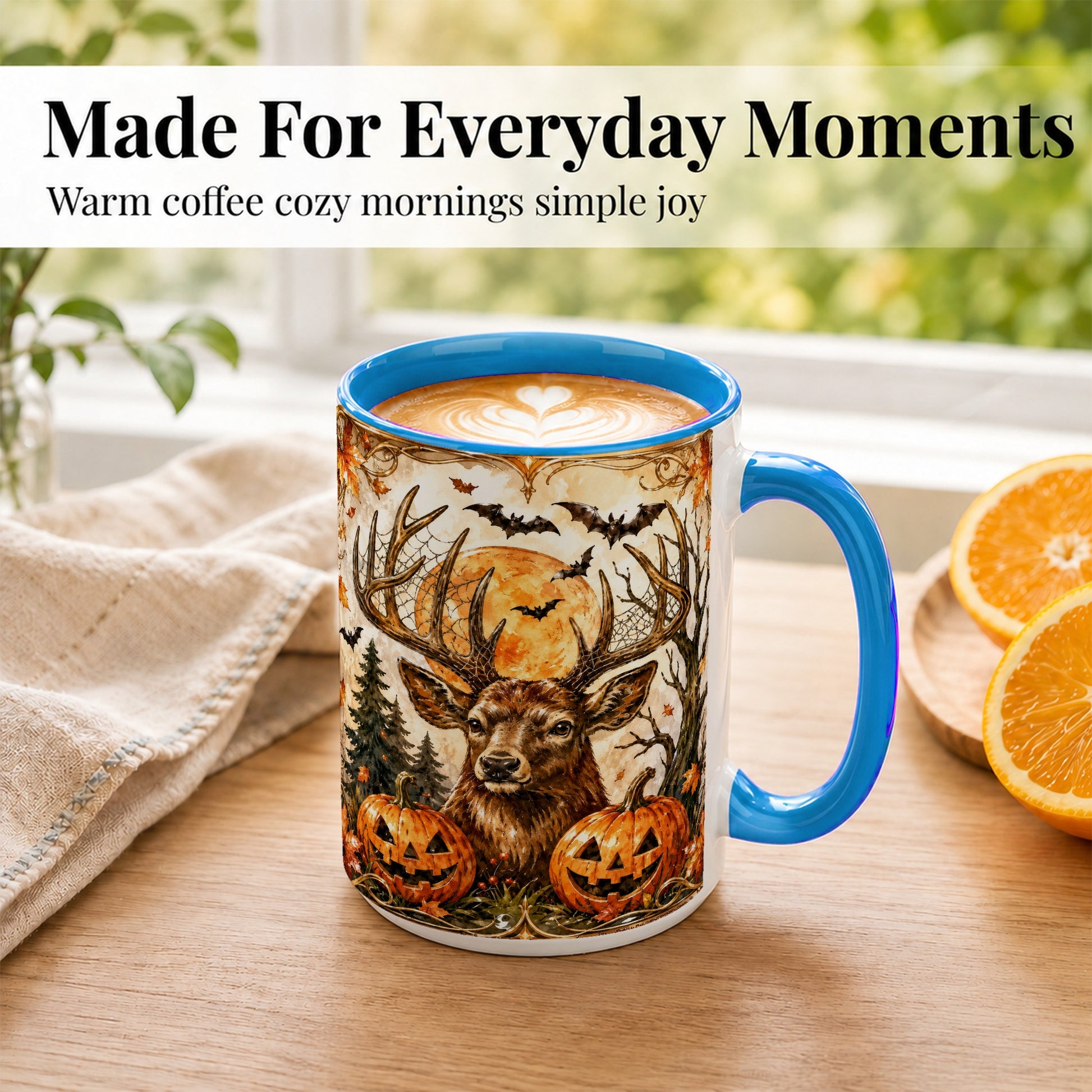 #pl[15oz|Blue] Halloween Deer Coffee Mug, Autumn Stag Mug, Ceramic Cup