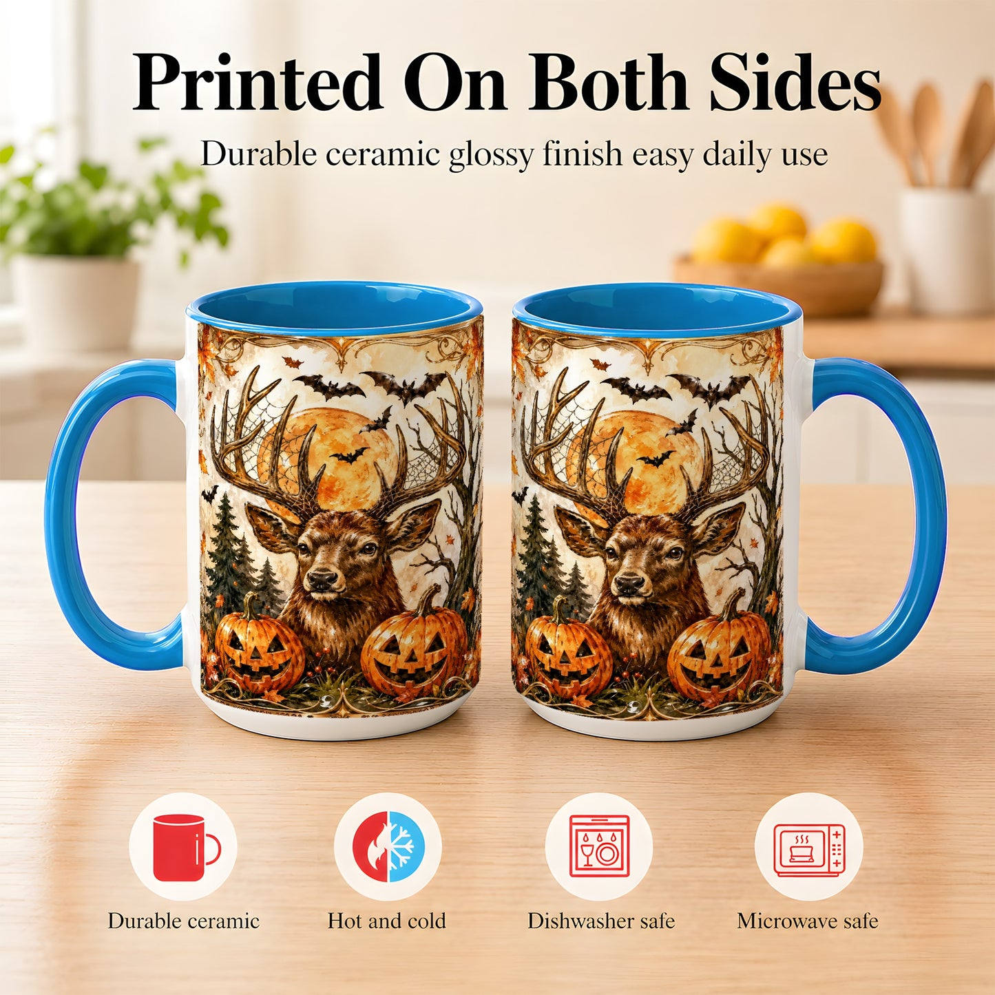 #pl[15oz|Blue] Halloween Deer Coffee Mug, Autumn Stag Mug, Ceramic Cup