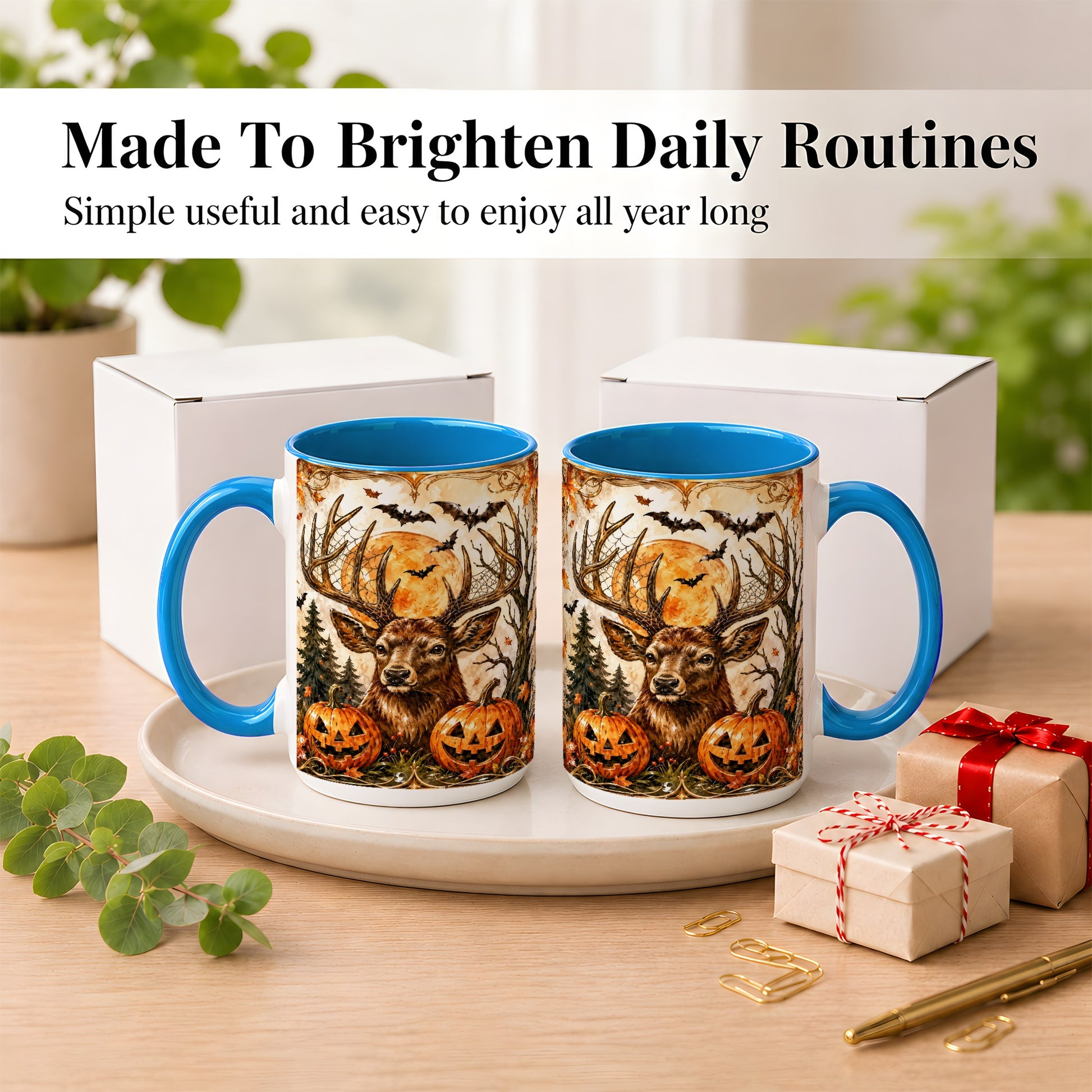 #pl[15oz|Blue] Halloween Deer Coffee Mug, Autumn Stag Mug, Ceramic Cup