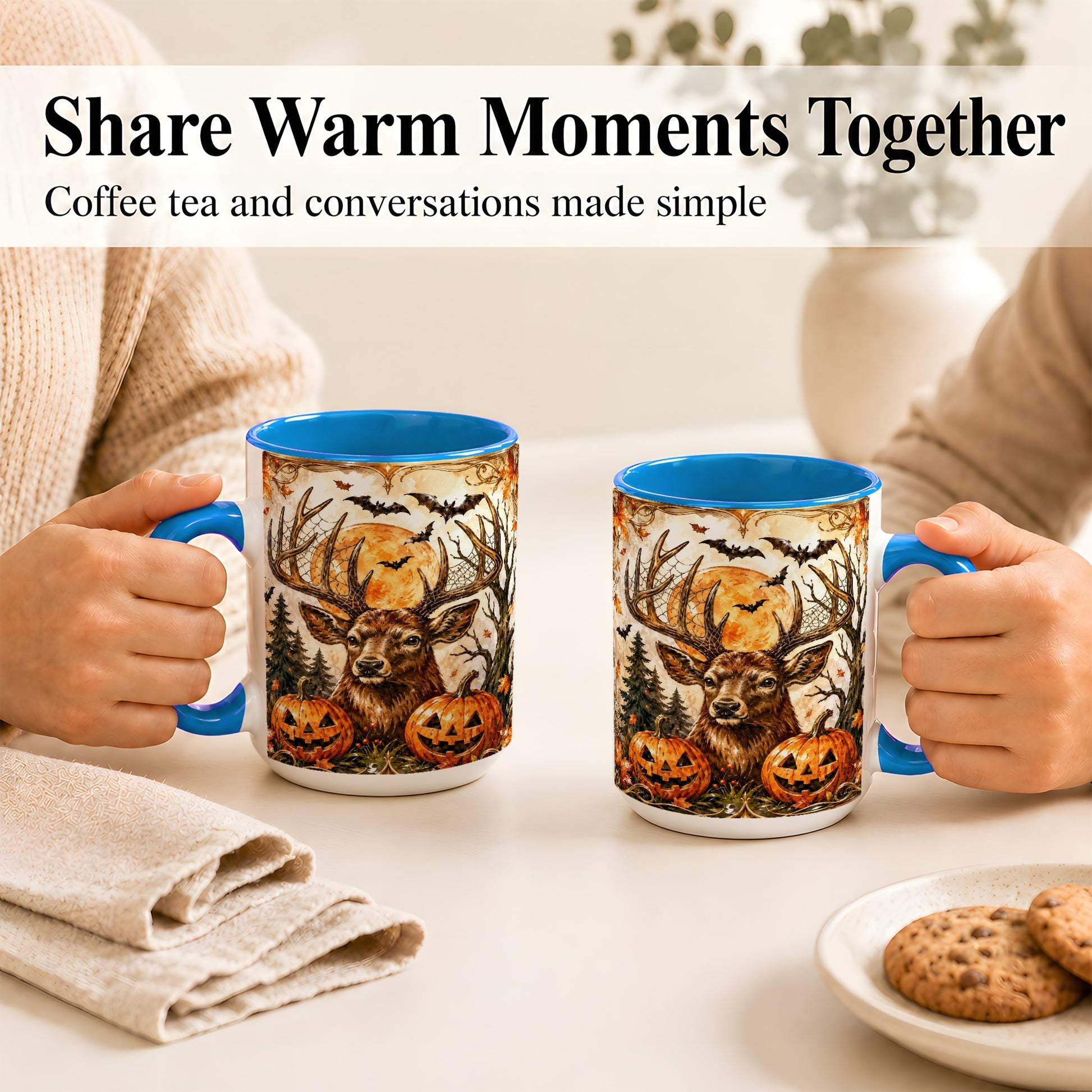 #pl[15oz|Blue] Halloween Deer Coffee Mug, Autumn Stag Mug, Ceramic Cup