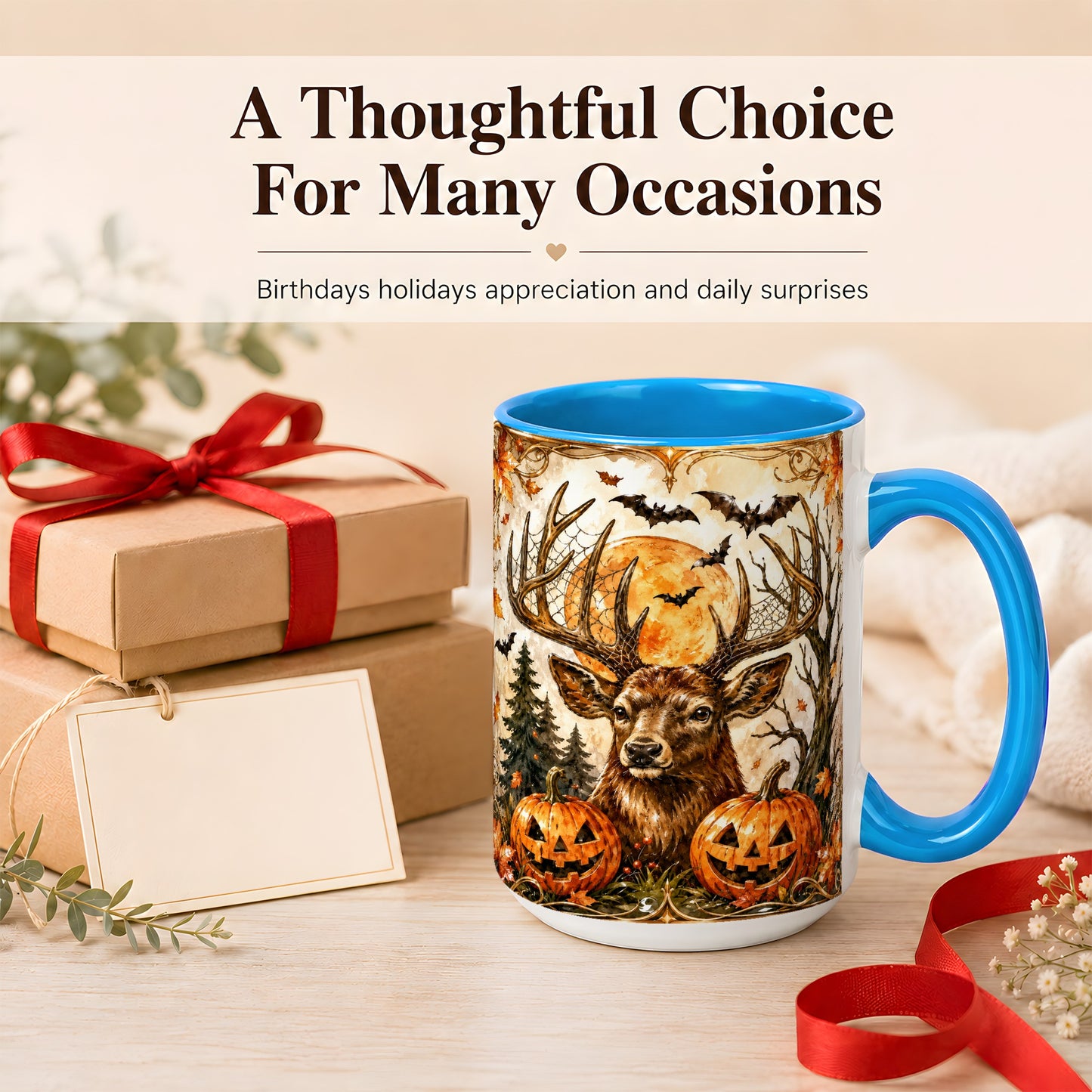 #pl[15oz|Blue] Halloween Deer Coffee Mug, Autumn Stag Mug, Ceramic Cup