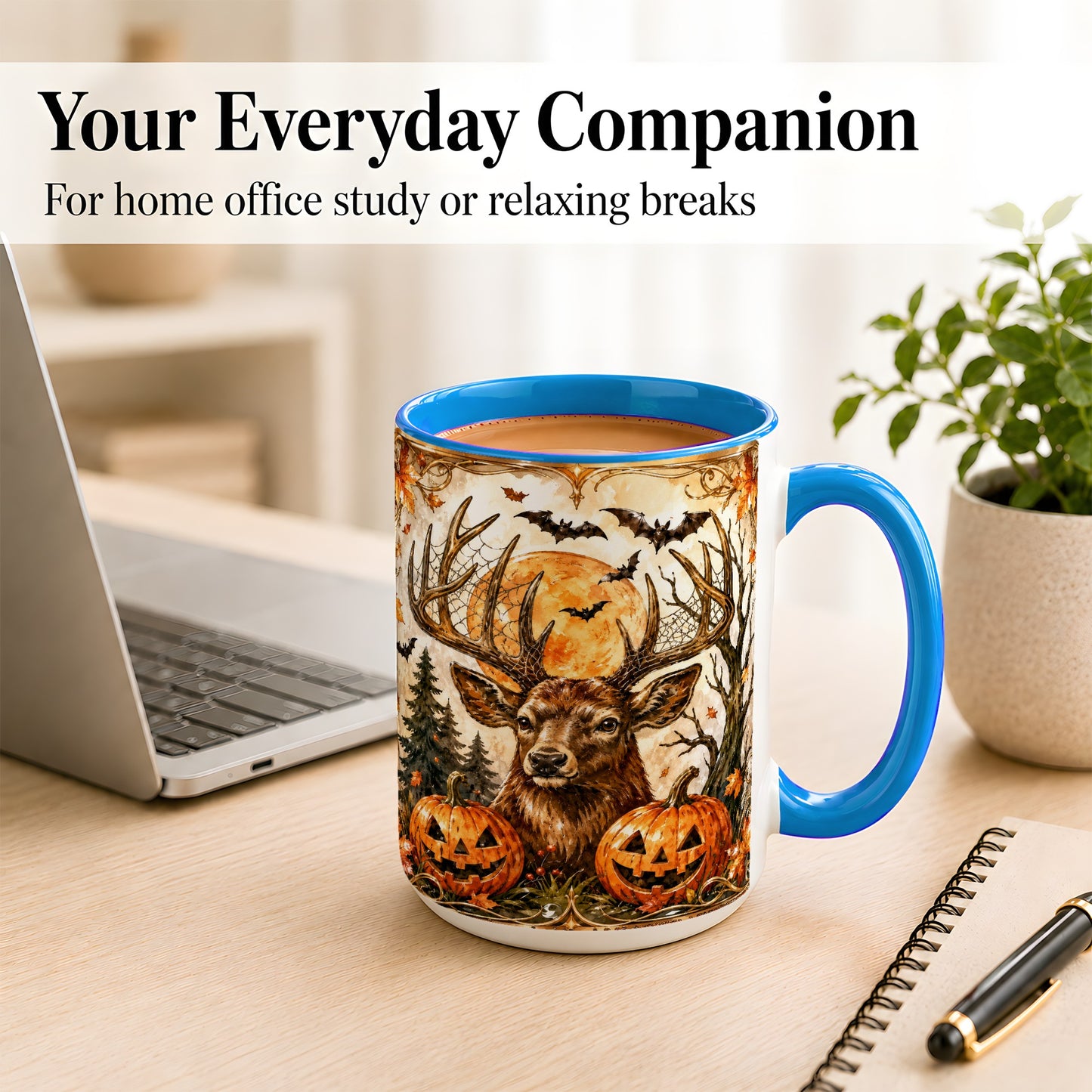 #pl[15oz|Blue] Halloween Deer Coffee Mug, Autumn Stag Mug, Ceramic Cup