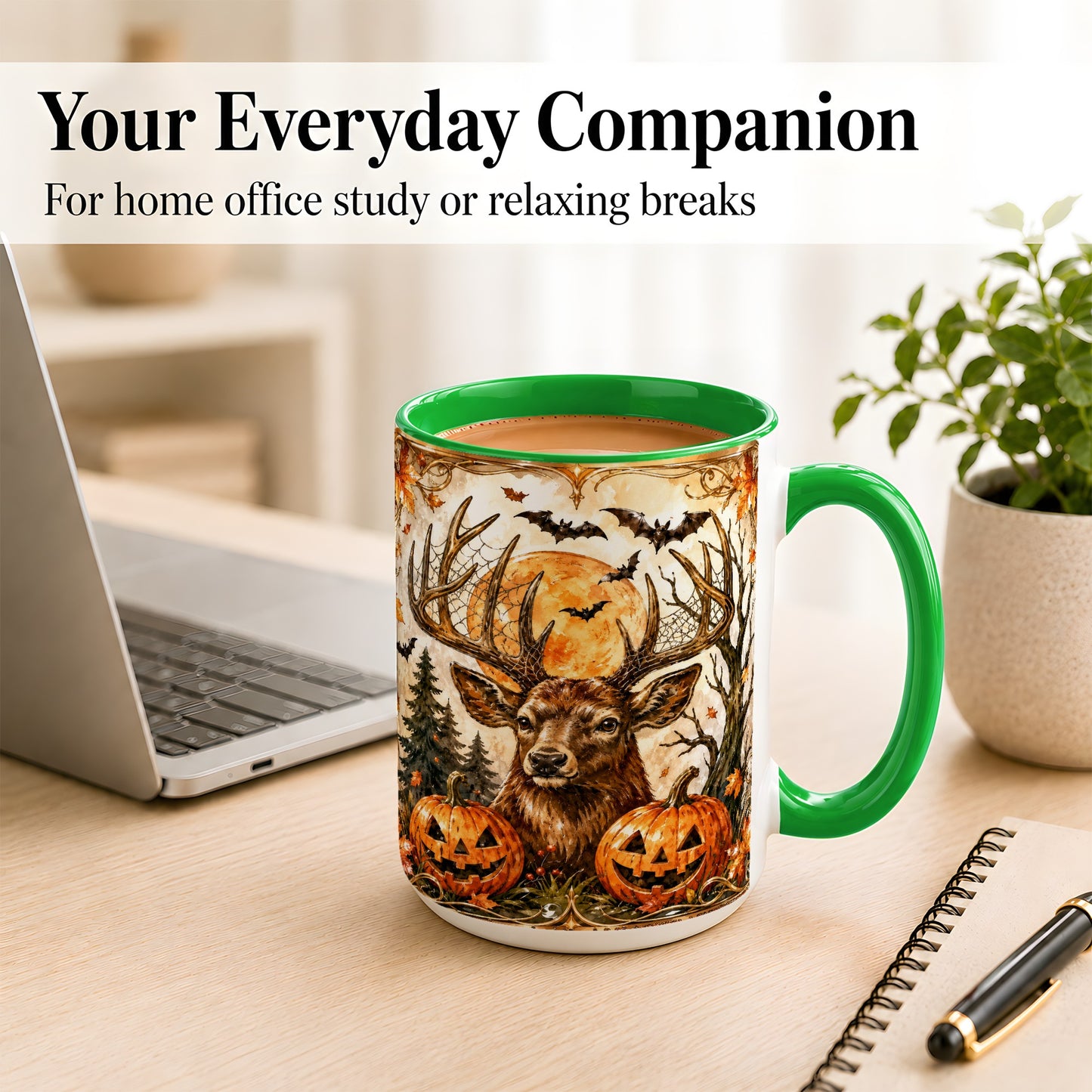 #pl[15oz|Green] Halloween Deer Coffee Mug, Autumn Stag Mug, Ceramic Cup