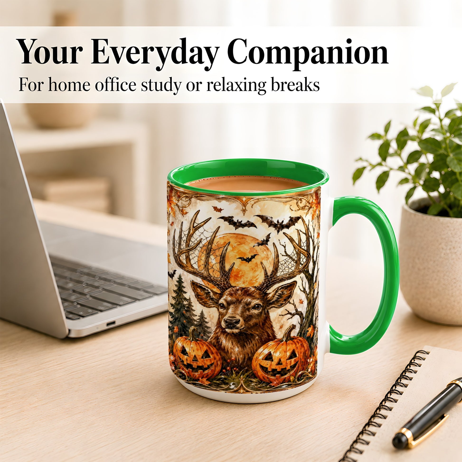 #pl[15oz|Green] Halloween Deer Coffee Mug, Autumn Stag Mug, Ceramic Cup