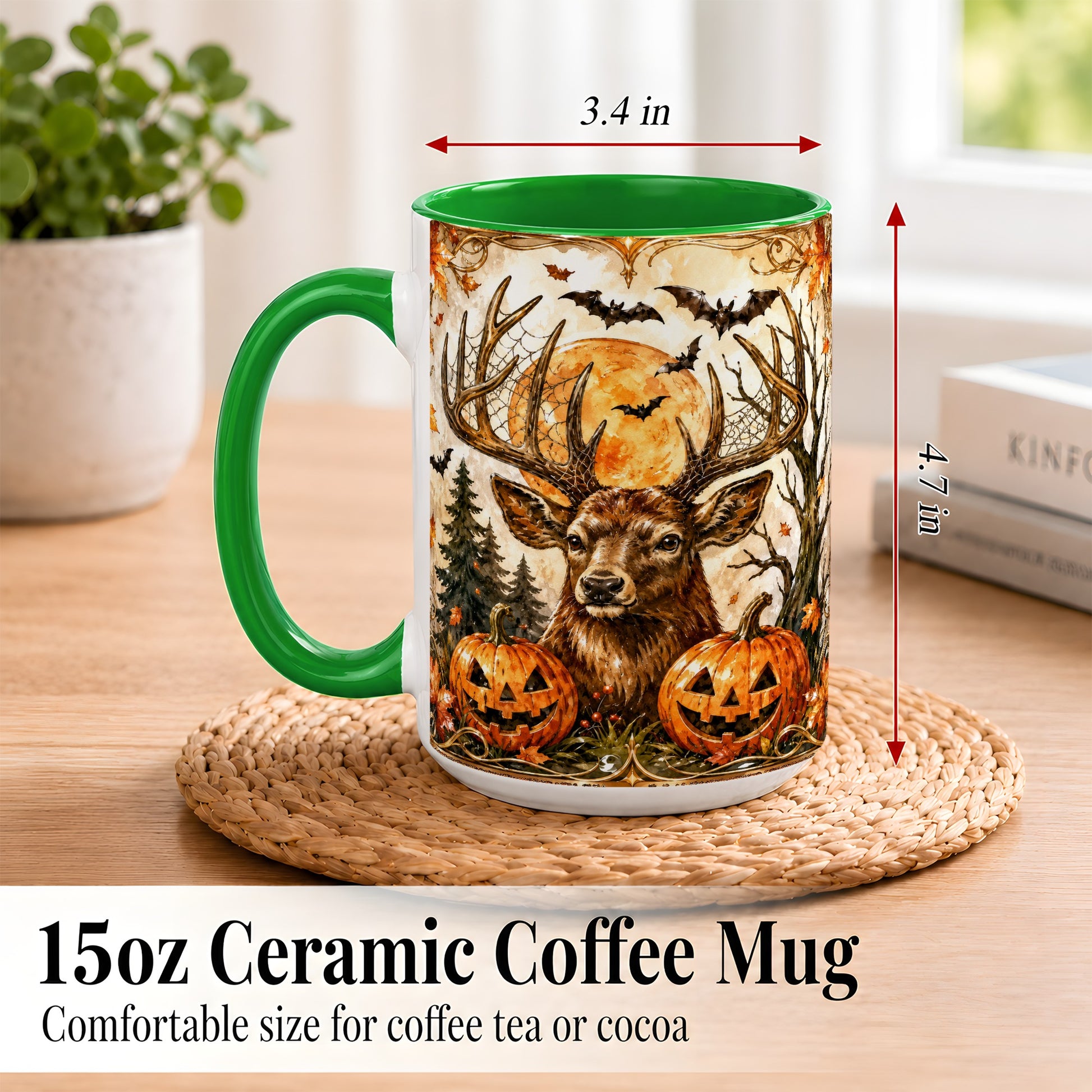 #pl[15oz|Green] Halloween Deer Coffee Mug, Autumn Stag Mug, Ceramic Cup
