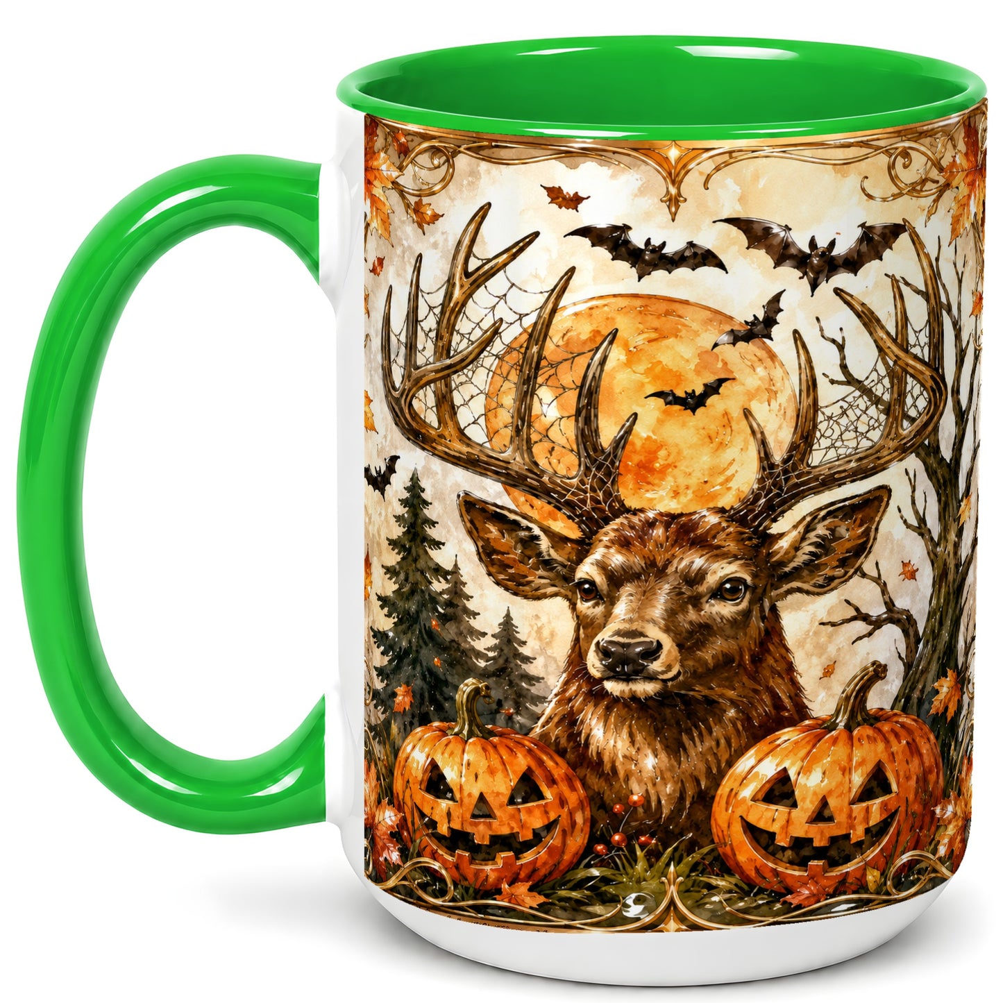 #pl[15oz|Green] Halloween Deer Coffee Mug, Autumn Stag Mug, Ceramic Cup