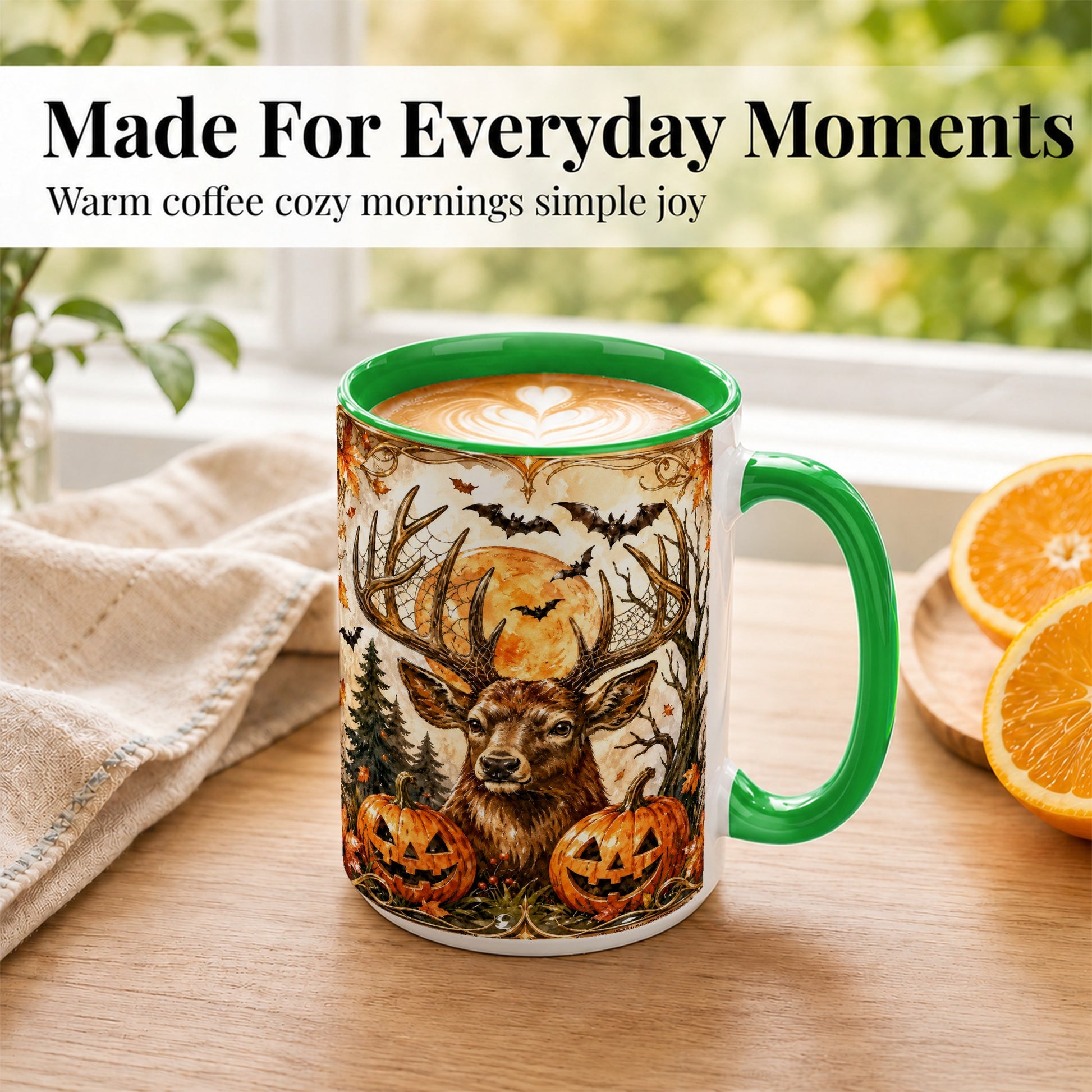 #pl[15oz|Green] Halloween Deer Coffee Mug, Autumn Stag Mug, Ceramic Cup