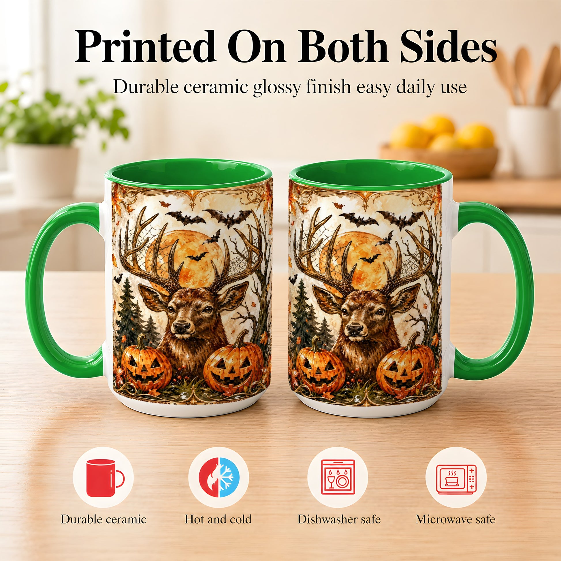 #pl[15oz|Green] Halloween Deer Coffee Mug, Autumn Stag Mug, Ceramic Cup