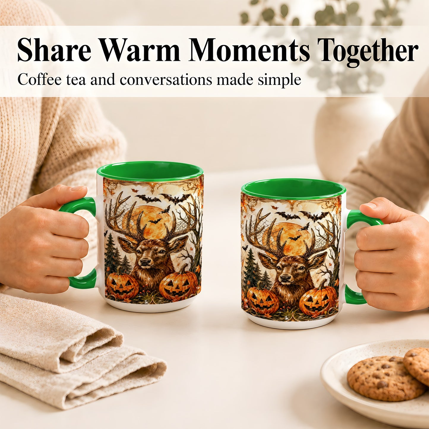 #pl[15oz|Green] Halloween Deer Coffee Mug, Autumn Stag Mug, Ceramic Cup