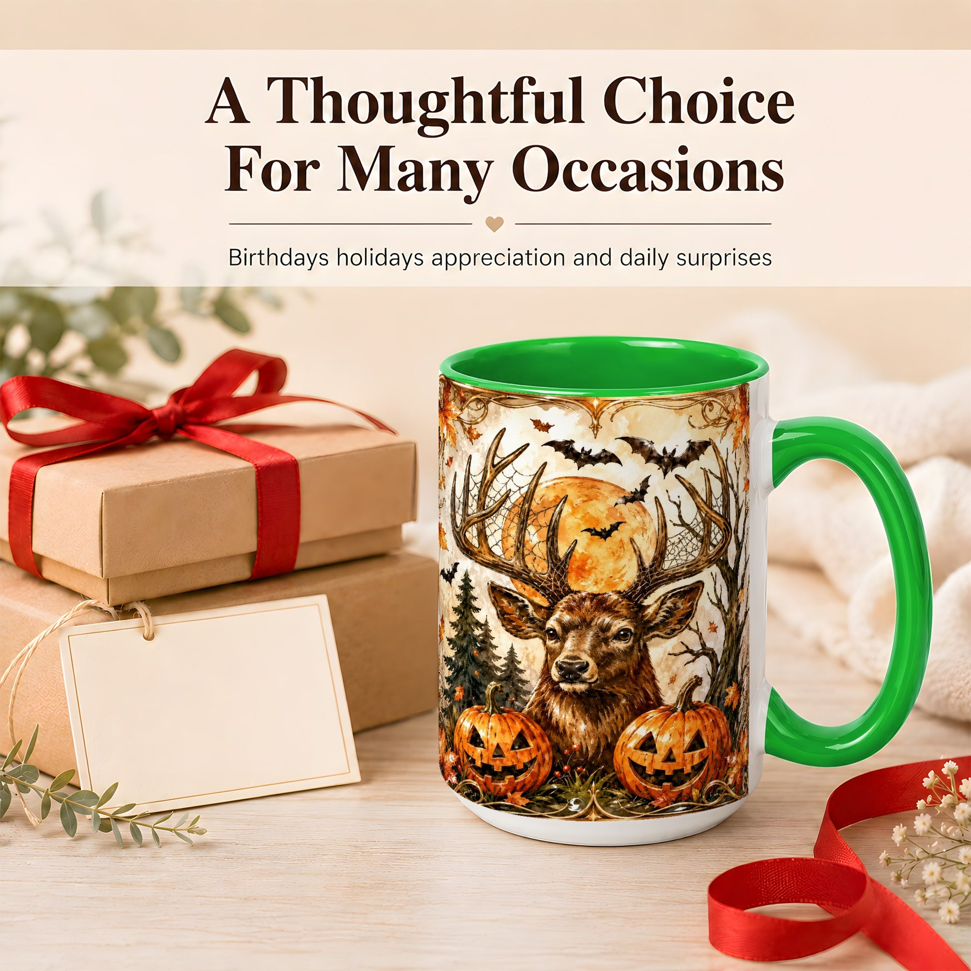 #pl[15oz|Green] Halloween Deer Coffee Mug, Autumn Stag Mug, Ceramic Cup