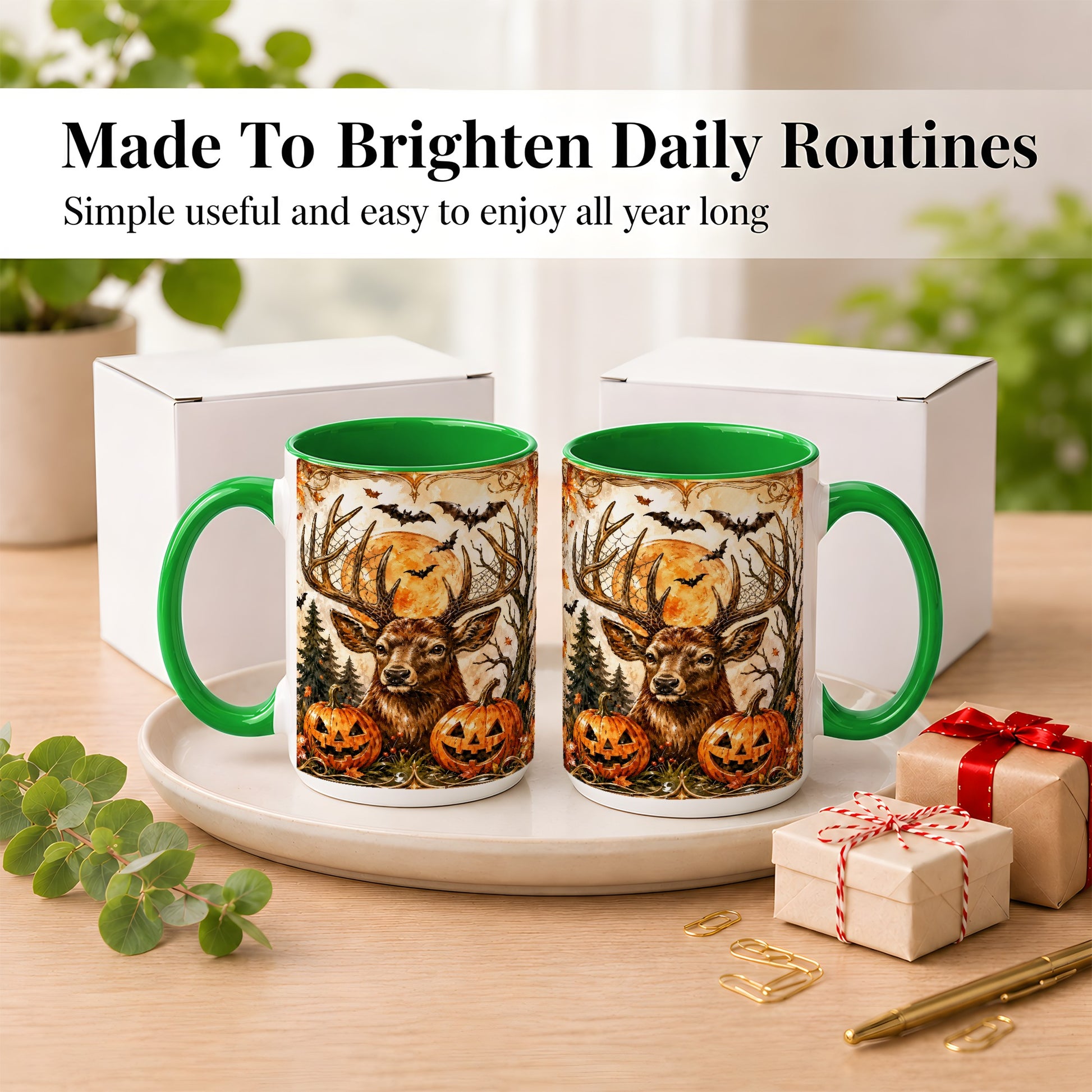 #pl[15oz|Green] Halloween Deer Coffee Mug, Autumn Stag Mug, Ceramic Cup