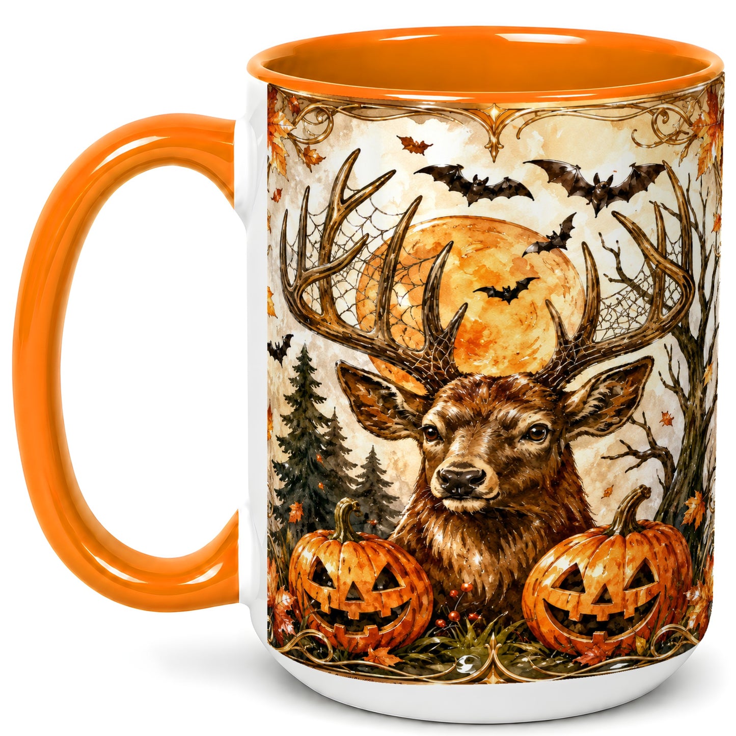 #pl[15oz|Orange] Halloween Deer Coffee Mug, Autumn Stag Mug, Ceramic Cup