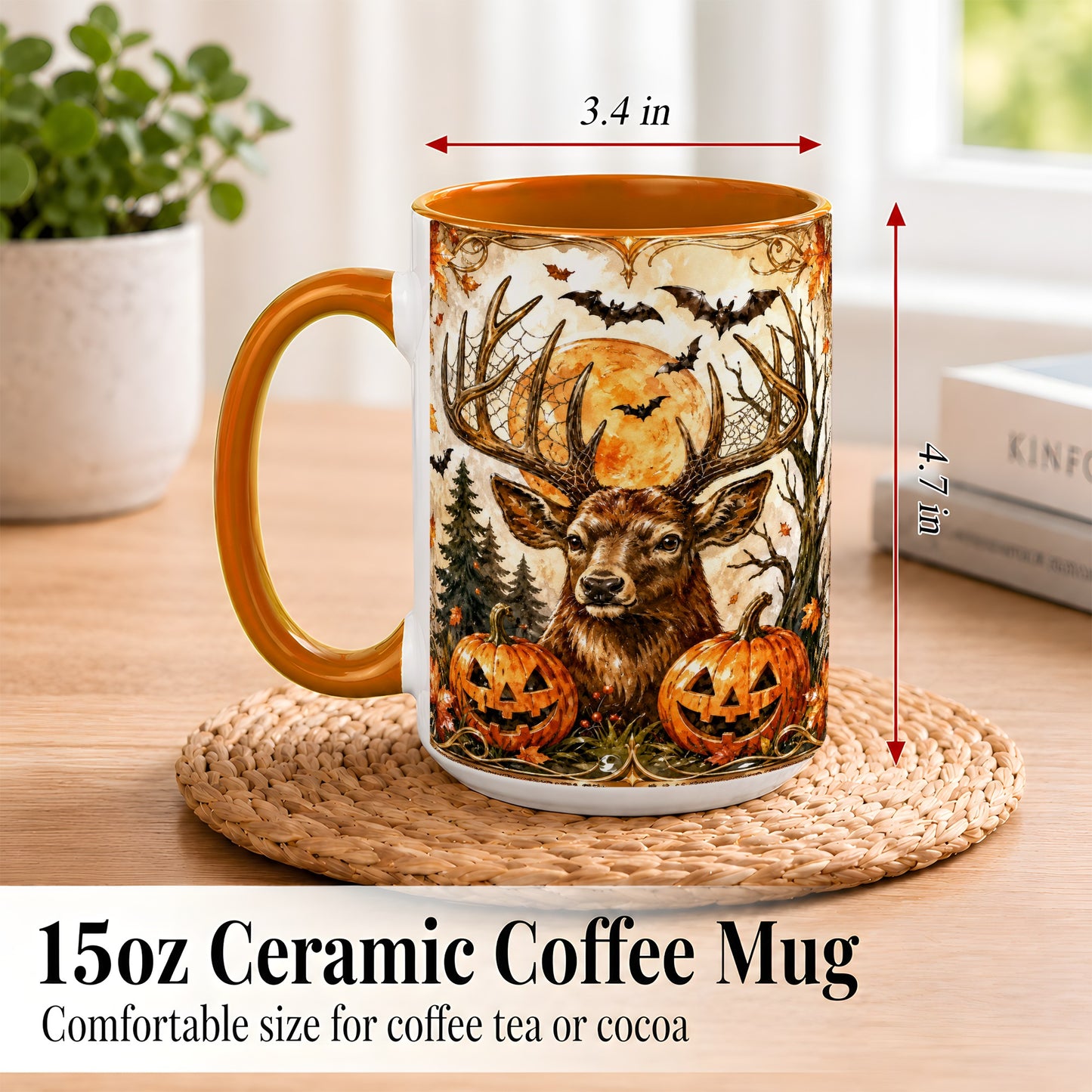 #pl[15oz|Orange] Halloween Deer Coffee Mug, Autumn Stag Mug, Ceramic Cup