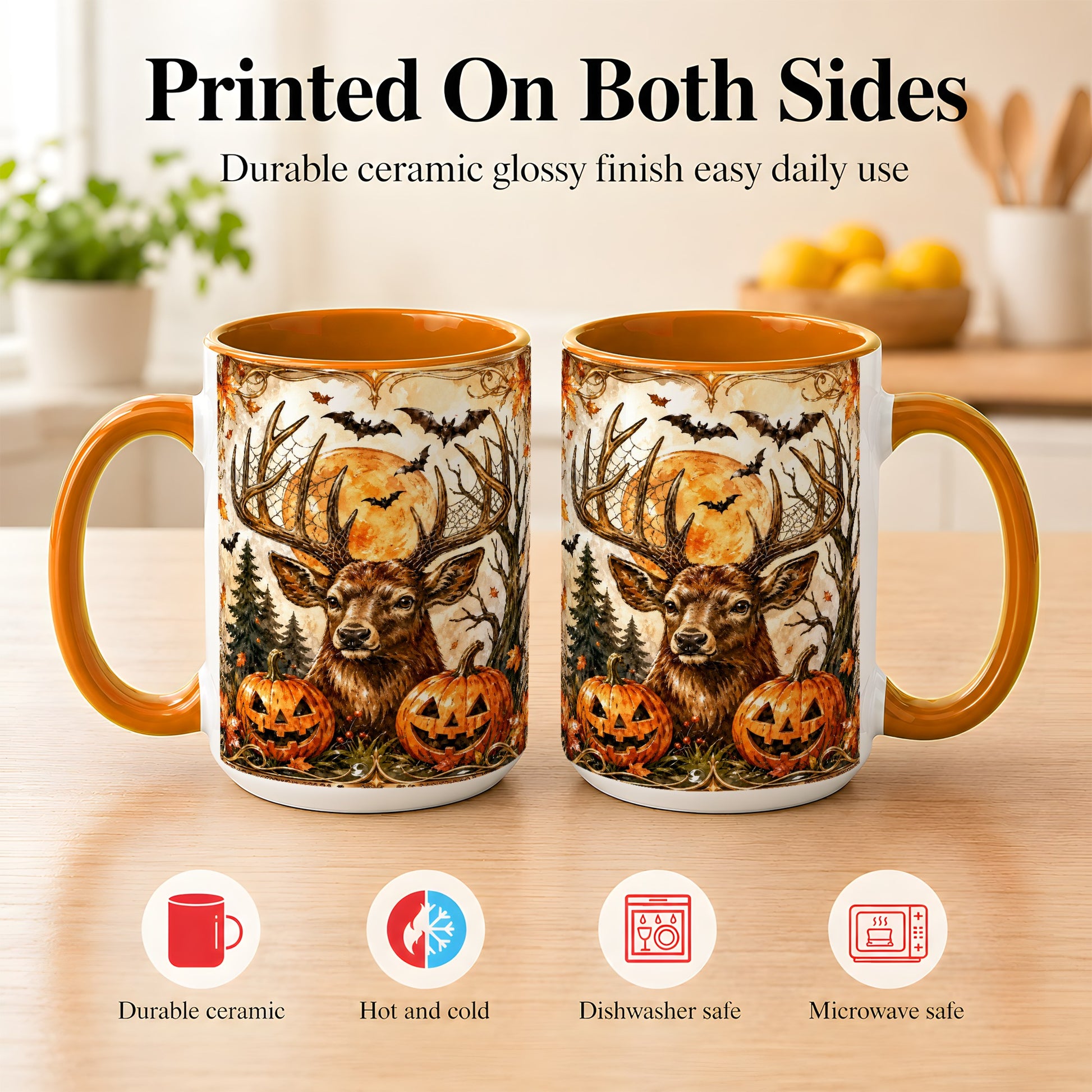 #pl[15oz|Orange] Halloween Deer Coffee Mug, Autumn Stag Mug, Ceramic Cup
