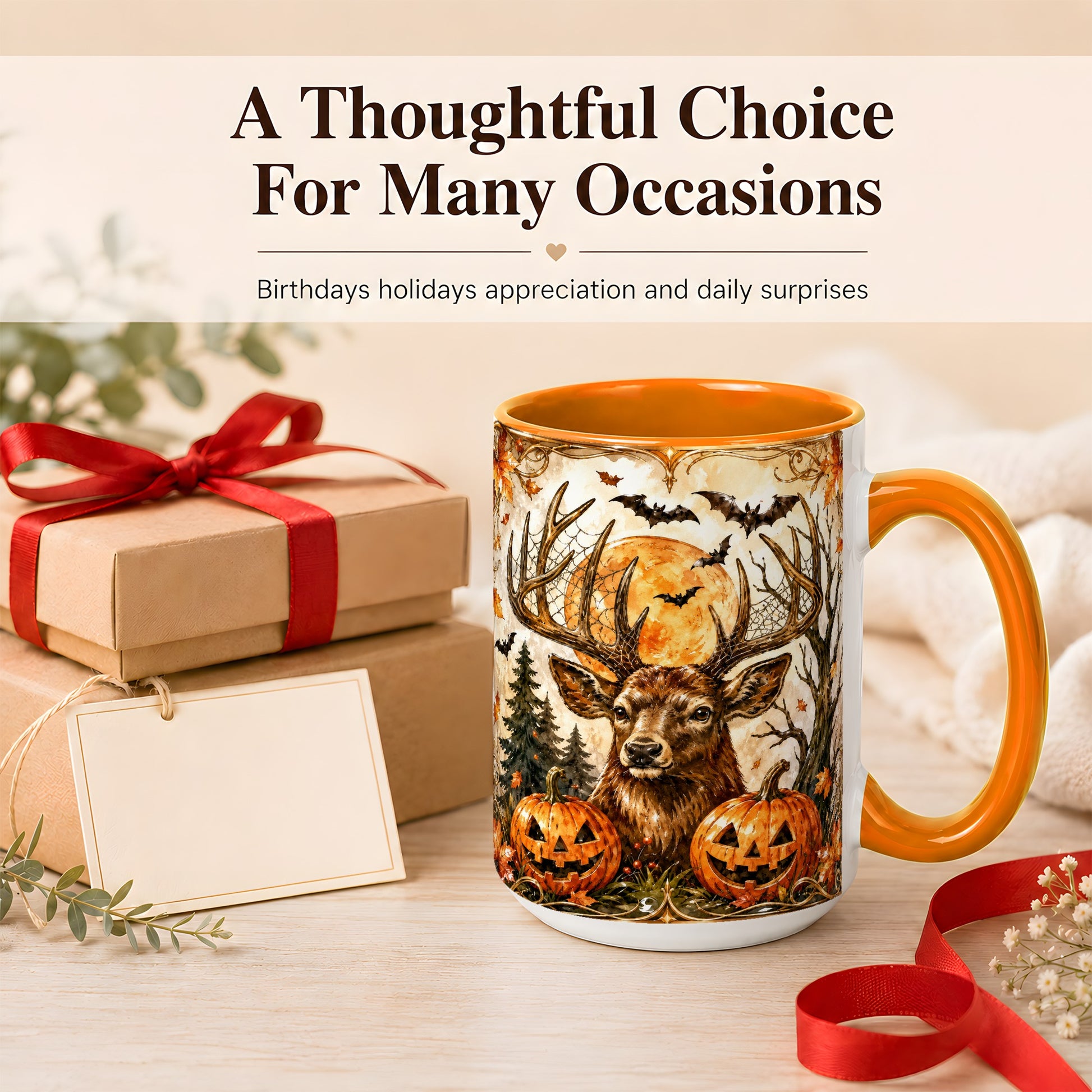 #pl[15oz|Orange] Halloween Deer Coffee Mug, Autumn Stag Mug, Ceramic Cup
