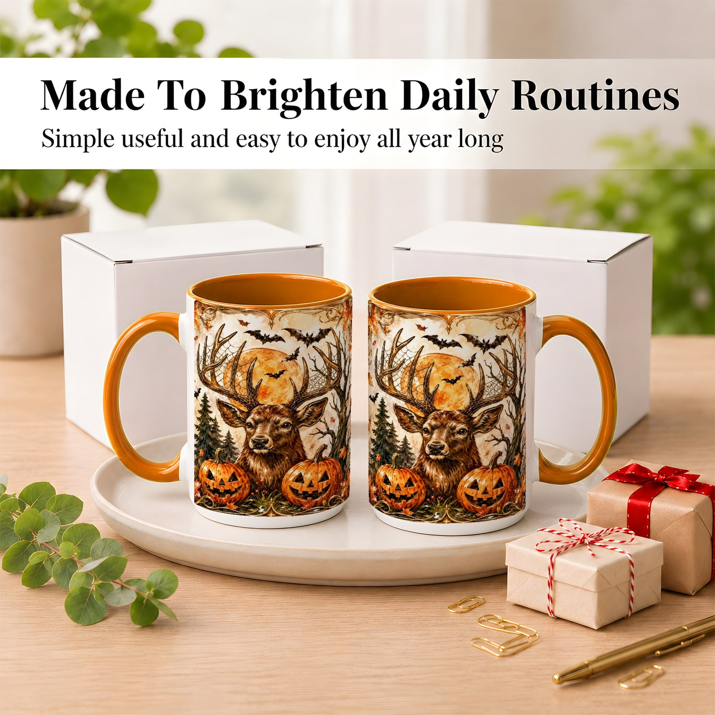 #pl[15oz|Orange] Halloween Deer Coffee Mug, Autumn Stag Mug, Ceramic Cup