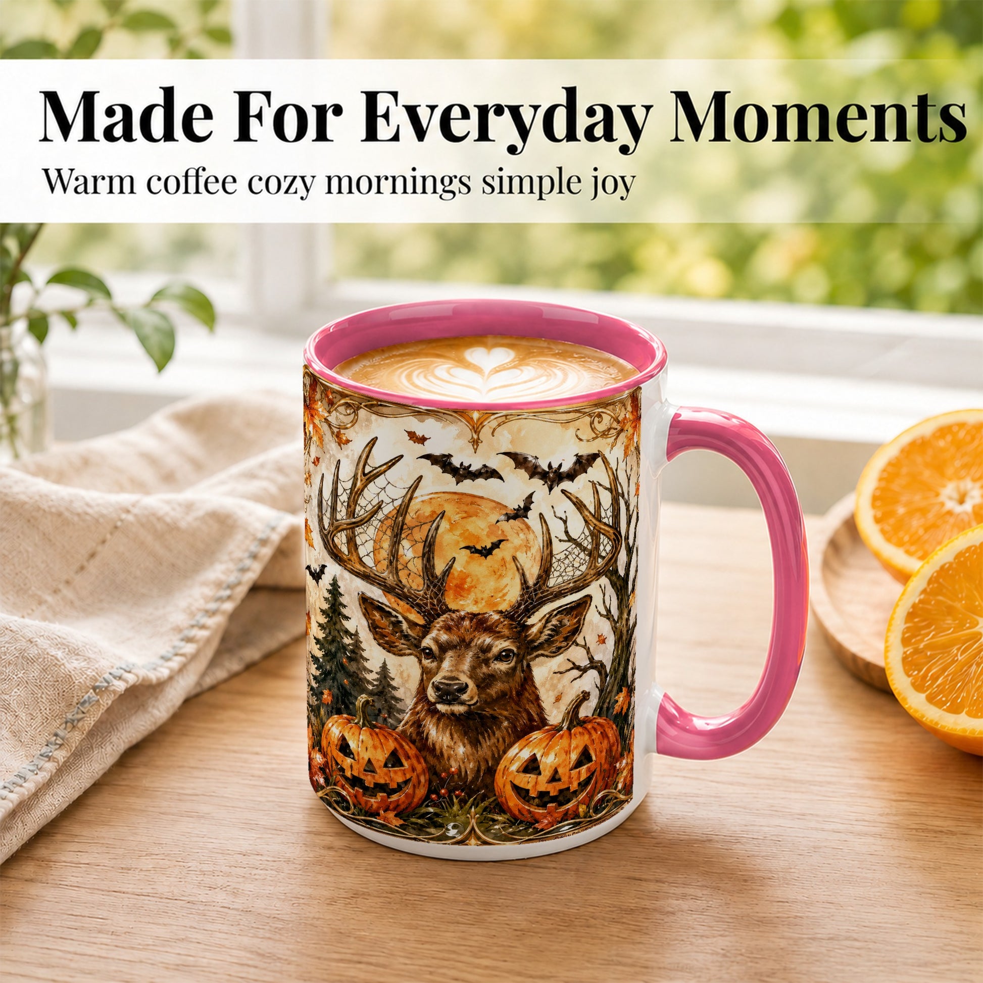 #pl[15oz|Pink] Halloween Deer Coffee Mug, Autumn Stag Mug, Ceramic Cup