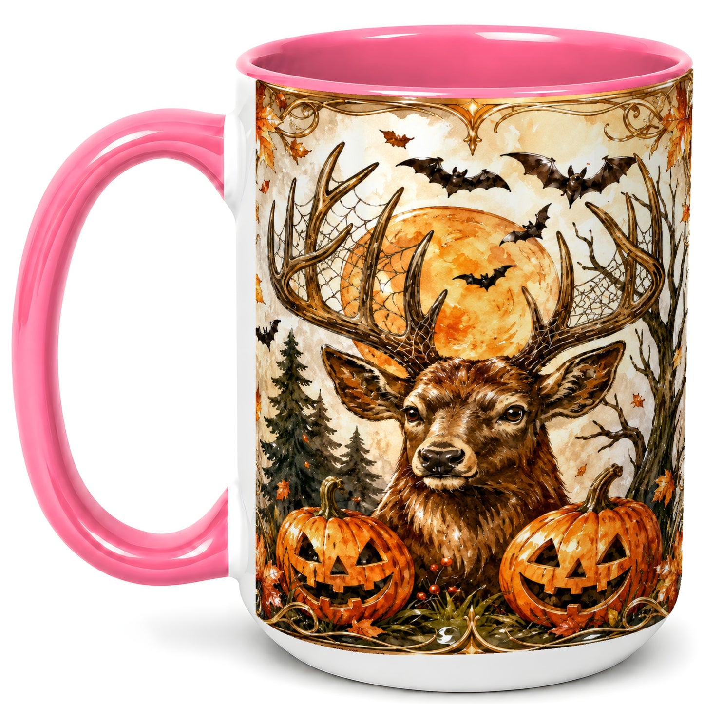 #pl[15oz|Pink] Halloween Deer Coffee Mug, Autumn Stag Mug, Ceramic Cup