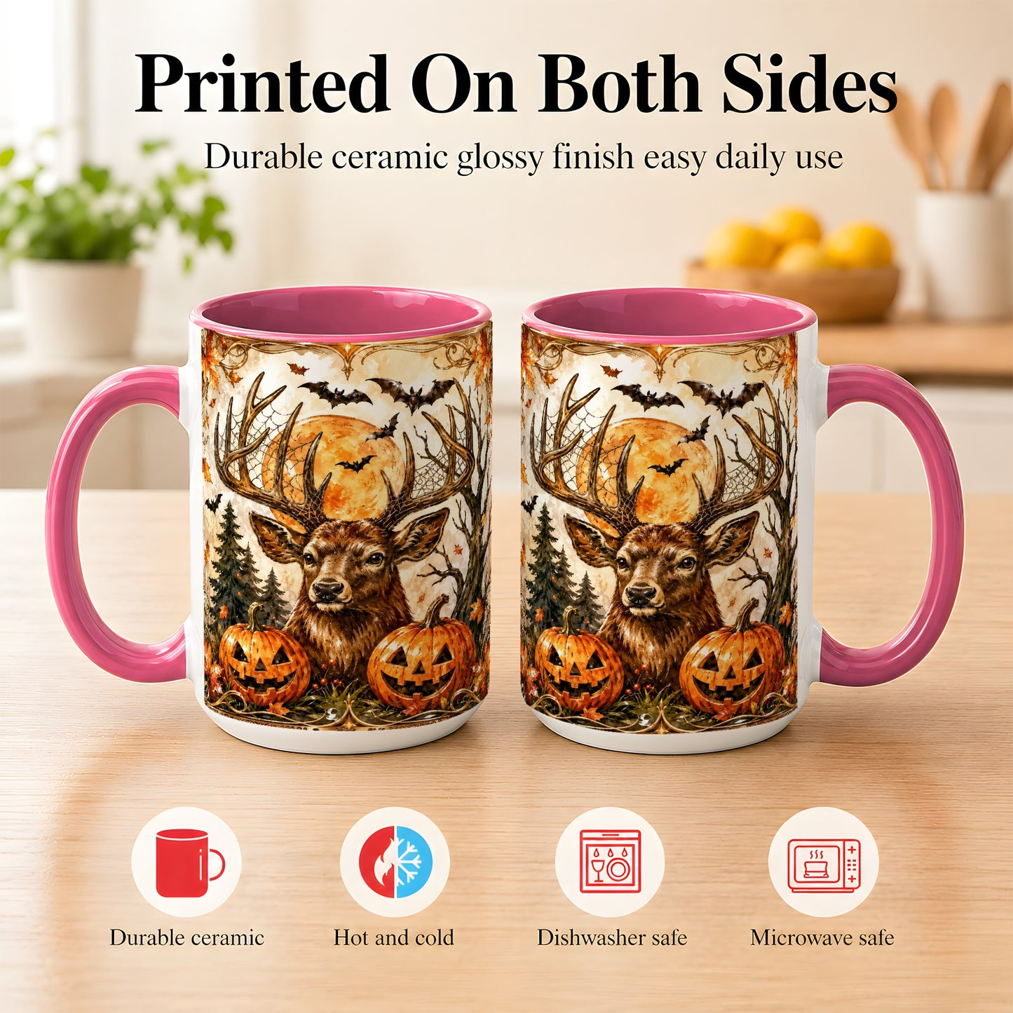 #pl[15oz|Pink] Halloween Deer Coffee Mug, Autumn Stag Mug, Ceramic Cup