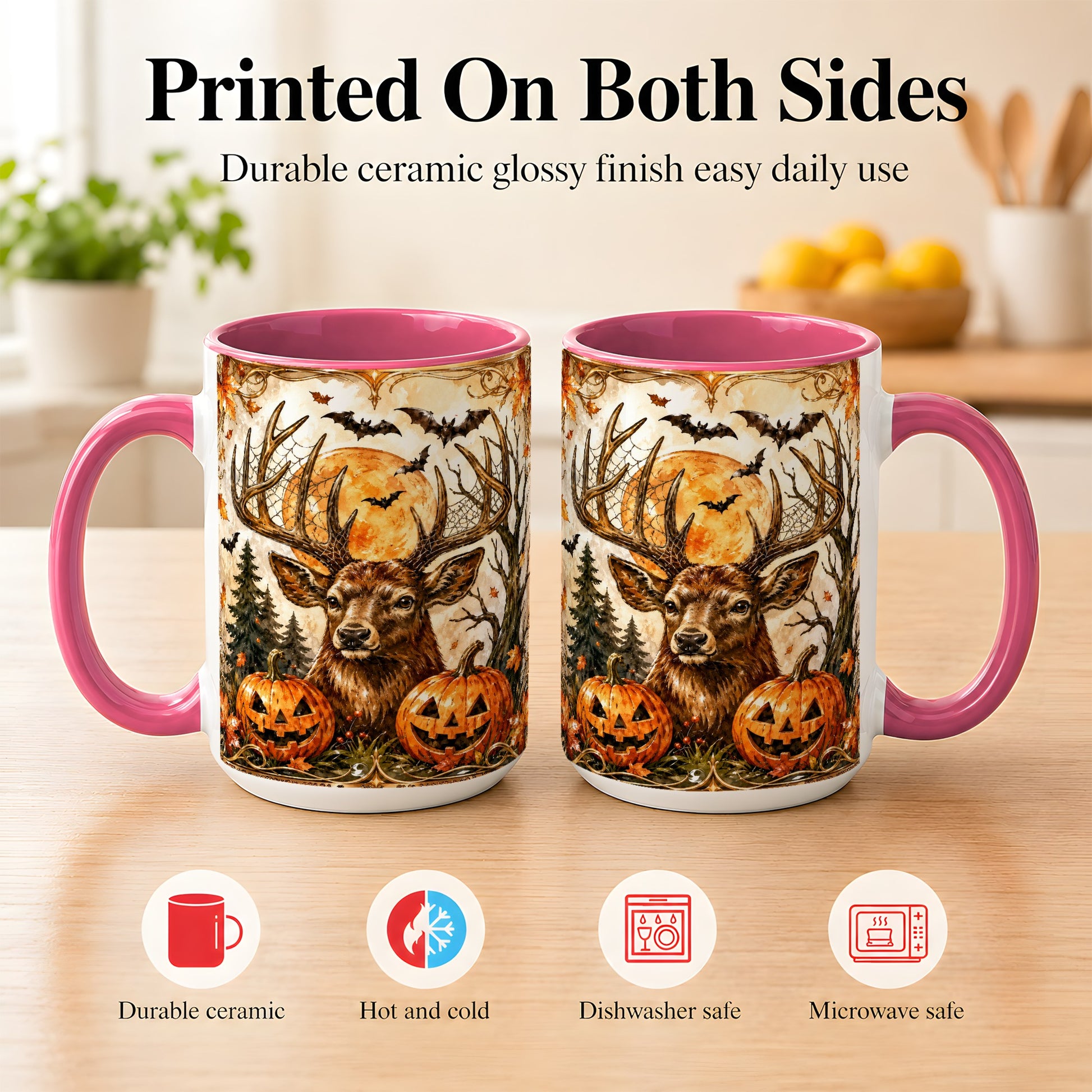 #pl[15oz|Pink] Halloween Deer Coffee Mug, Autumn Stag Mug, Ceramic Cup