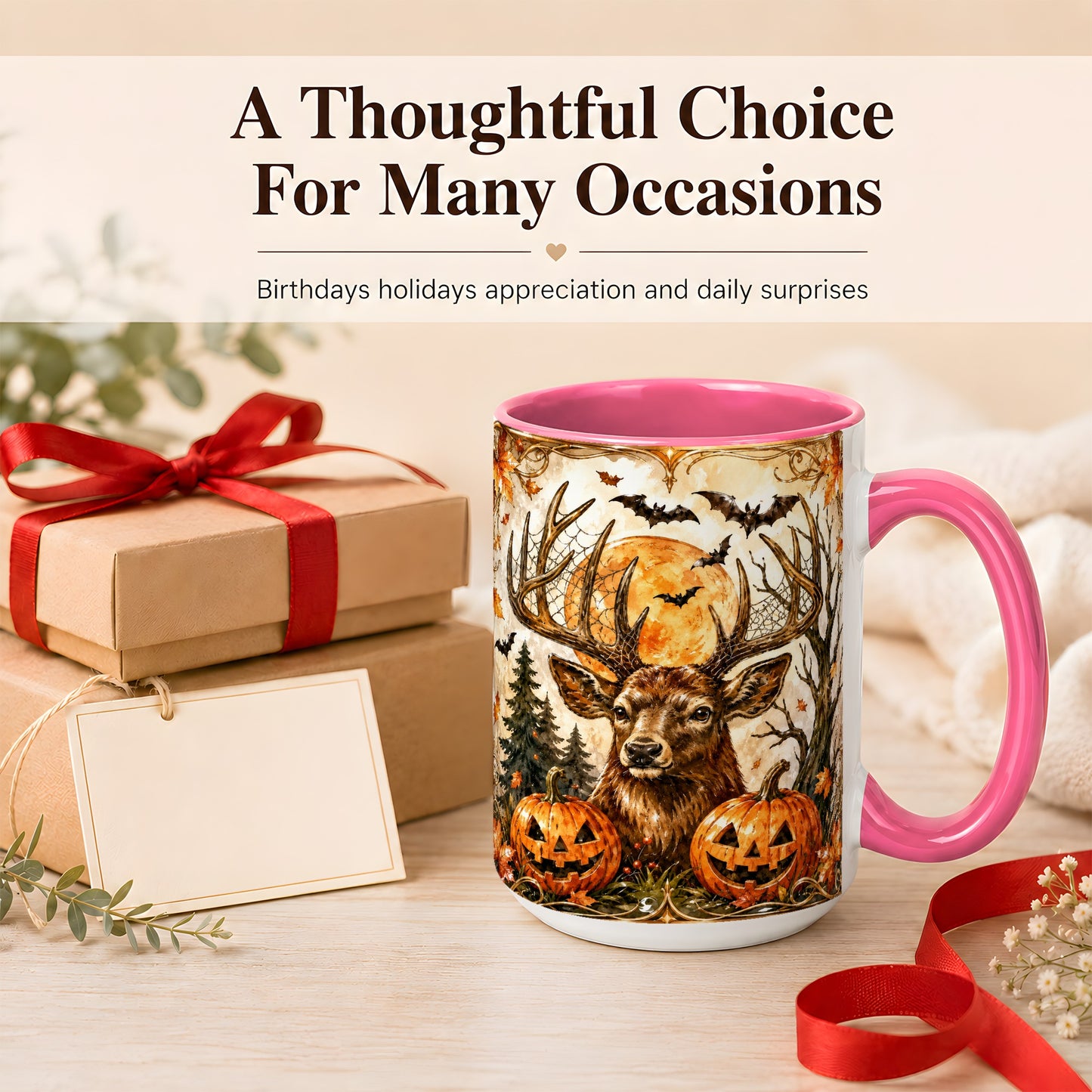 #pl[15oz|Pink] Halloween Deer Coffee Mug, Autumn Stag Mug, Ceramic Cup